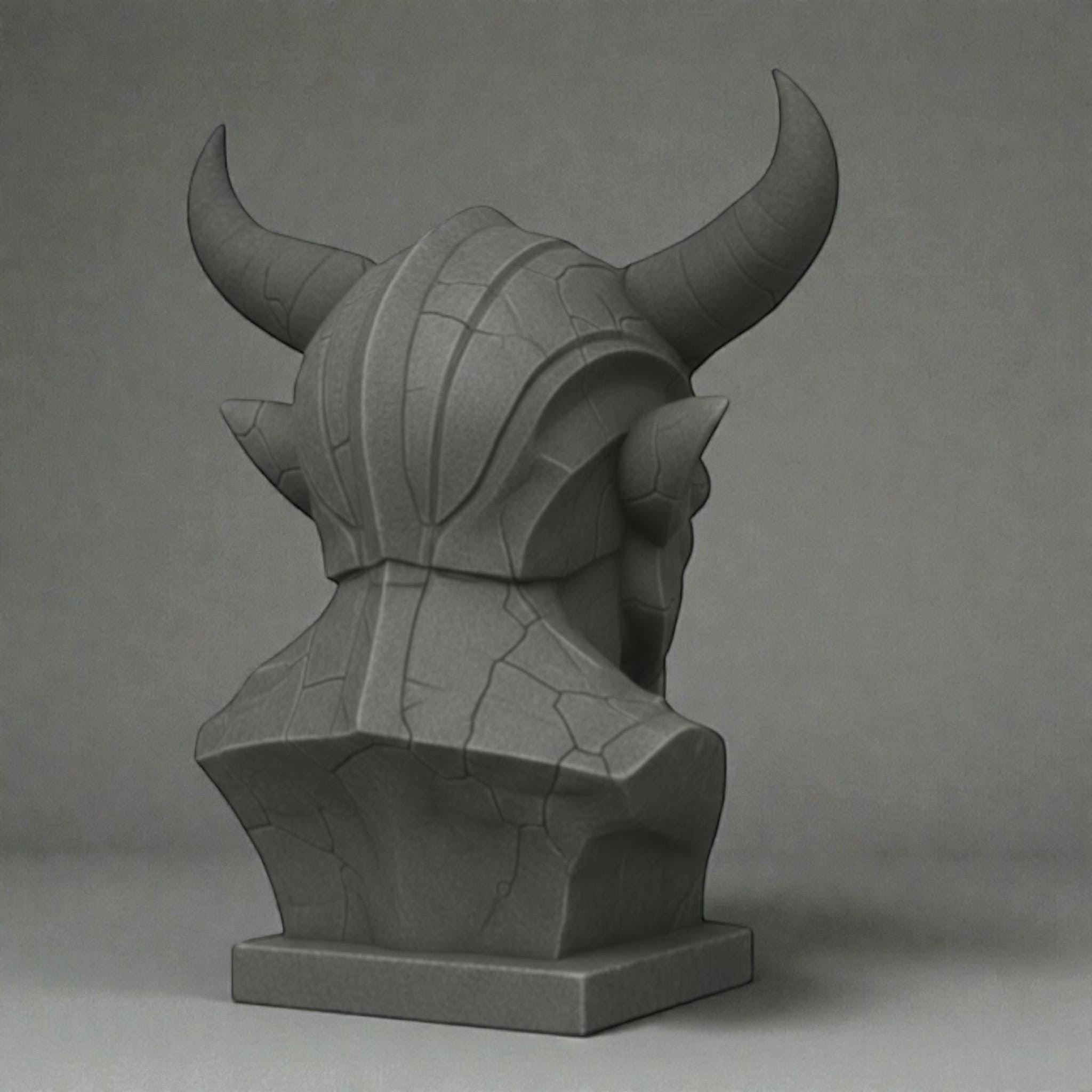 Happy3dWorld gray 3D printed cyber demon headphone stand bust with horned industrial design on a neutral background