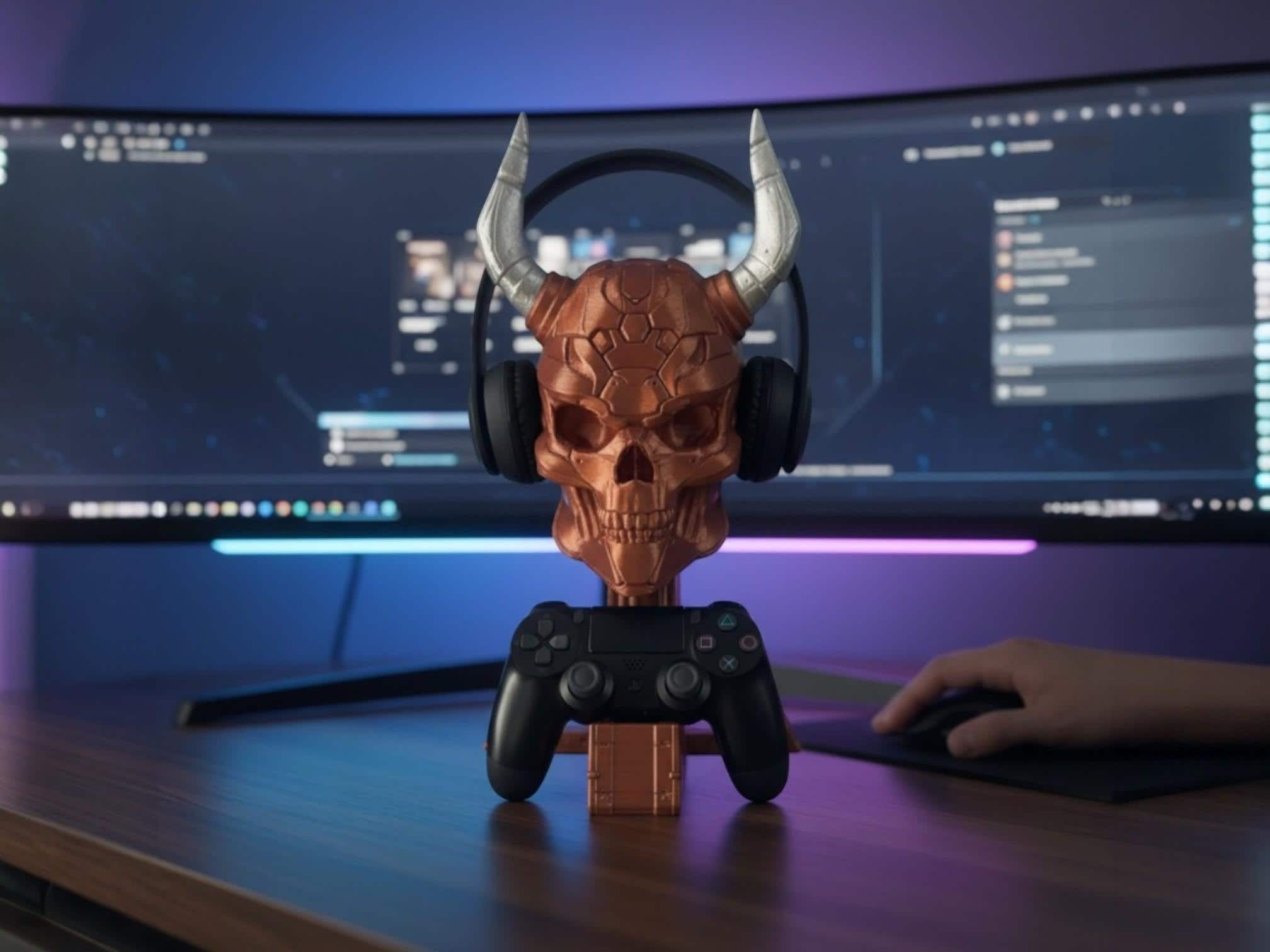 Cyber Skull Headset & Controller Stand – 3D Printed Cyberpunk Desk Decor