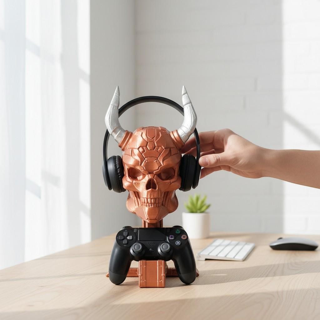 Cyber Skull Headset & Controller Stand – 3D Printed Cyberpunk Desk Decor