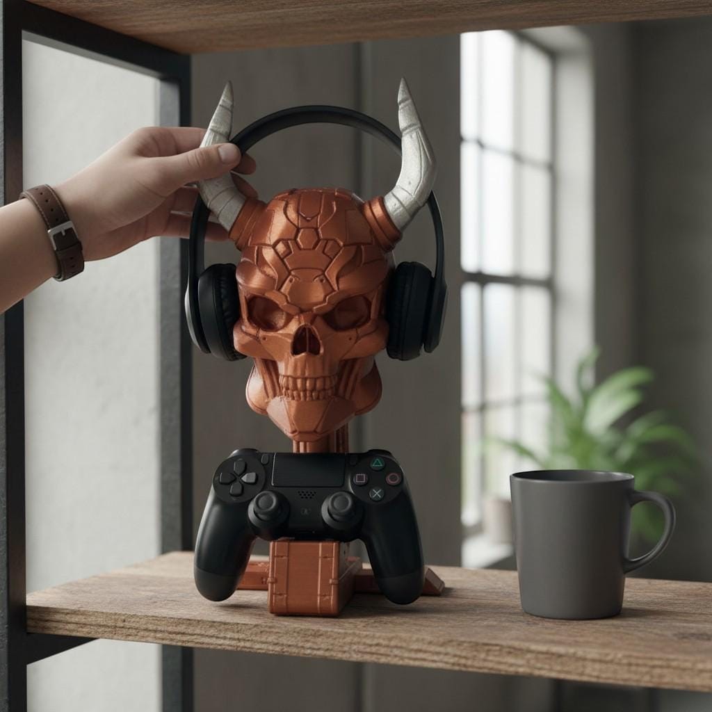 Cyber Skull Headset & Controller Stand – 3D Printed Cyberpunk Desk Decor