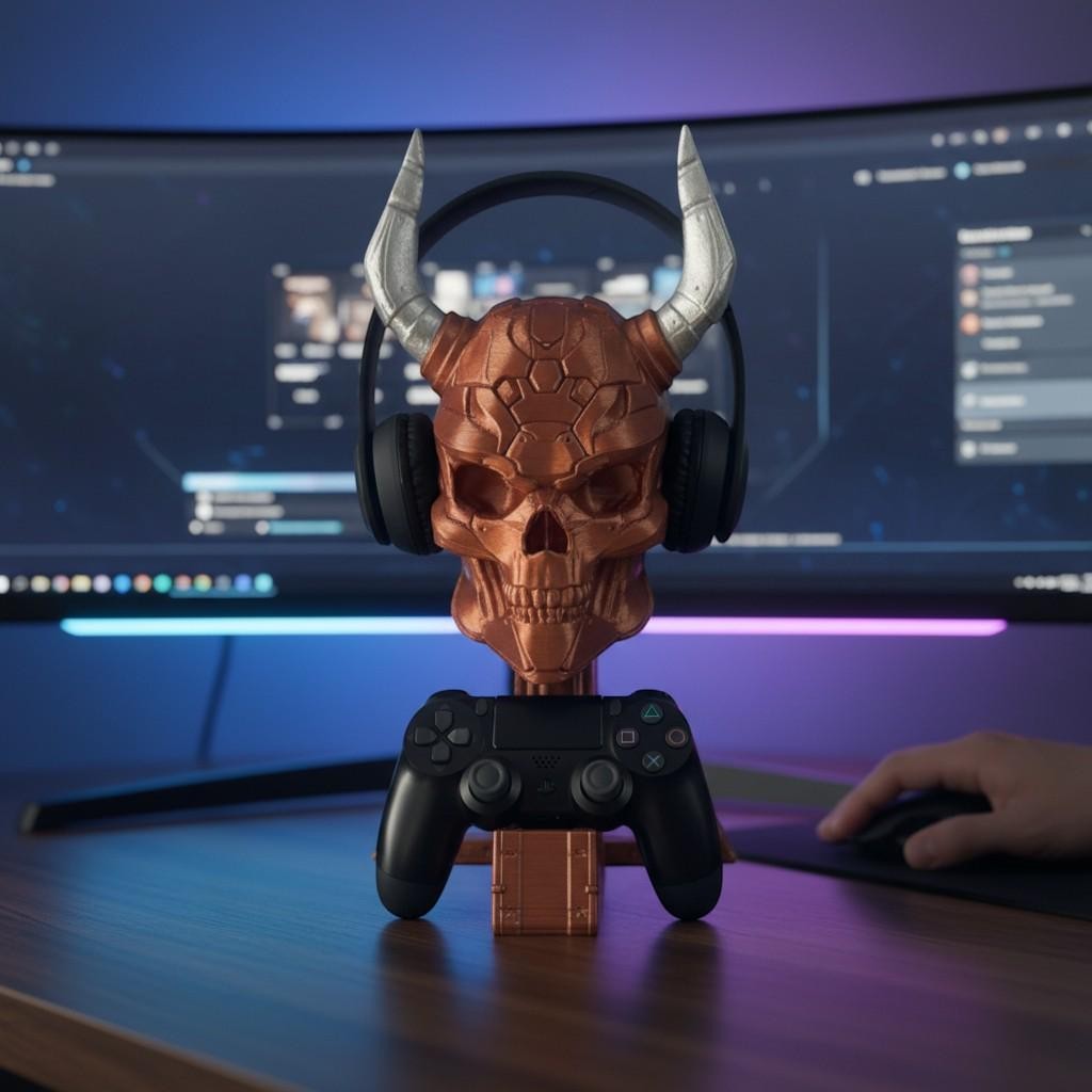 Cyber Skull Headset & Controller Stand – 3D Printed Cyberpunk Desk Decor