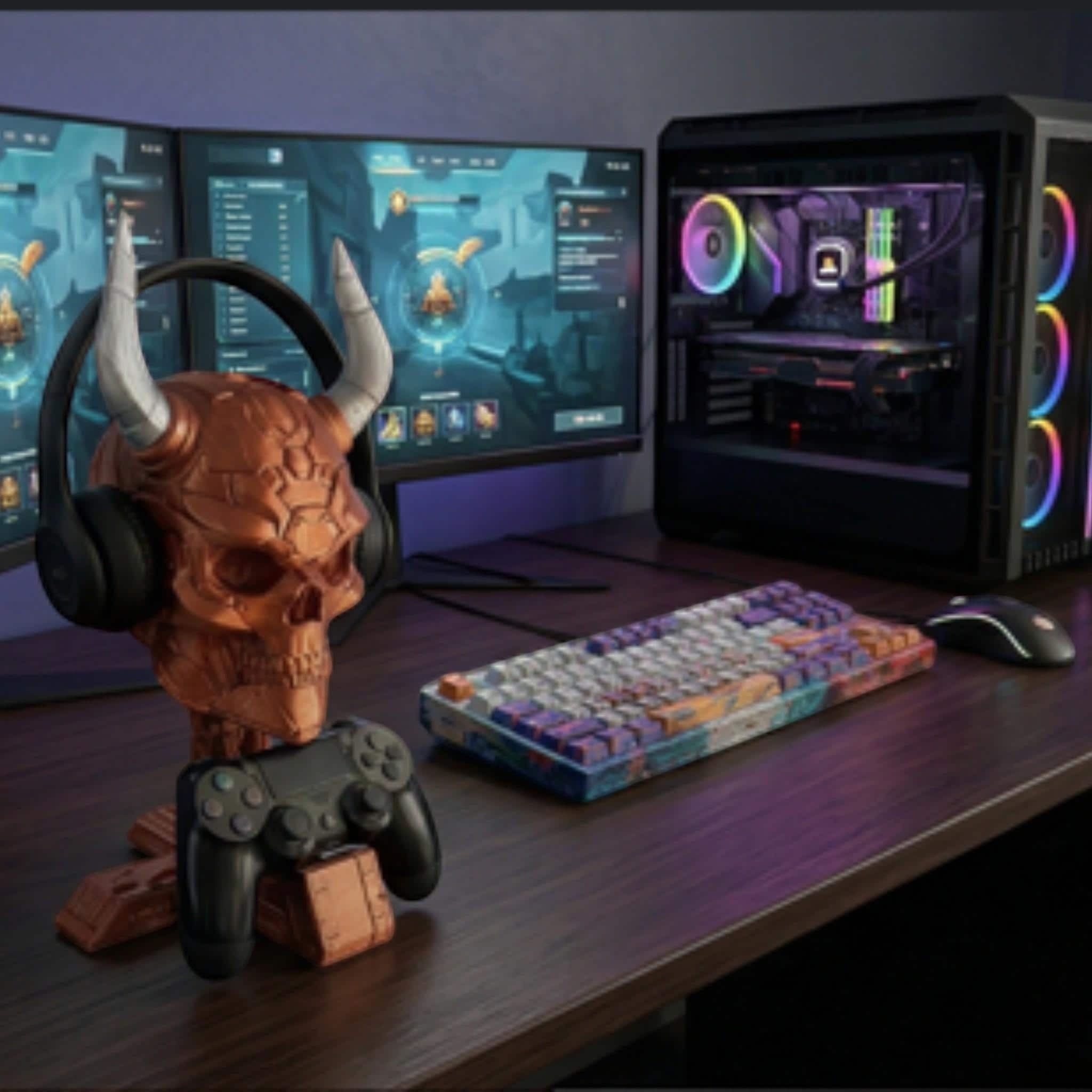 Cyber Skull Headset & Controller Stand – 3D Printed Cyberpunk Desk Decor