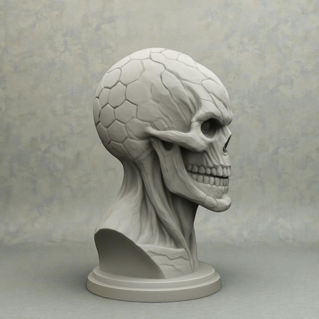Happy3dWorld cyberpunk skull headphone stand made of grey PLA with mechanical hexagonal patterns for gaming desks.