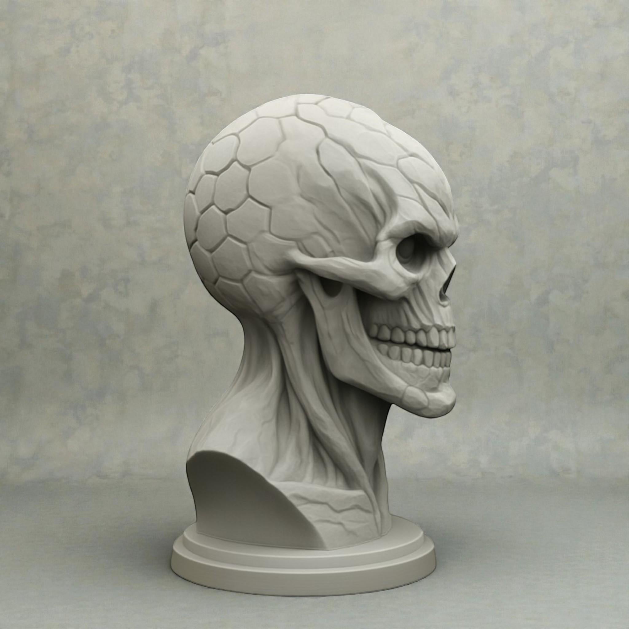 Happy3dWorld cyberpunk skull headset holder with mechanical honeycomb textures on a grey desktop display stand.