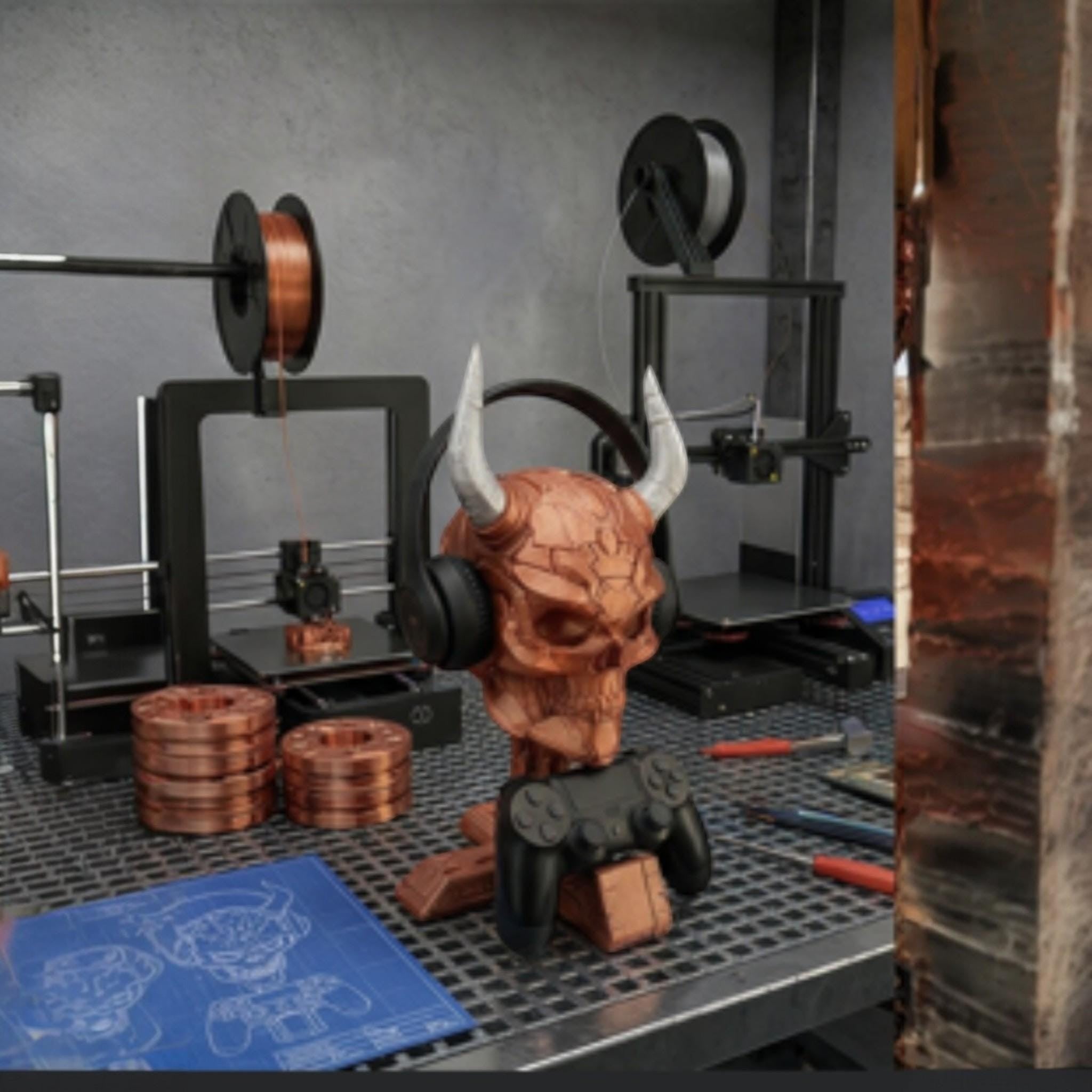 Cyber Skull Headset & Controller Stand – 3D Printed Cyberpunk Desk Decor