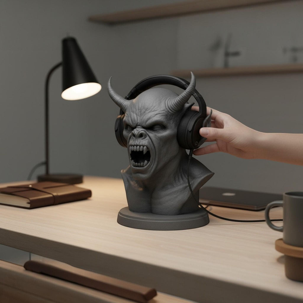 Demon Bust Headphone Stand – 3D Printed Horror Headset Holder for Desks
