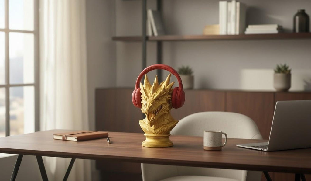 Happy3dWorld dragon bust headphone stand in metallic gold holding red over-ear gaming headphones on a wooden desk.