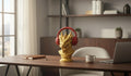 Happy3dWorld dragon bust headphone stand in metallic gold holding red over-ear gaming headphones on a wooden desk.