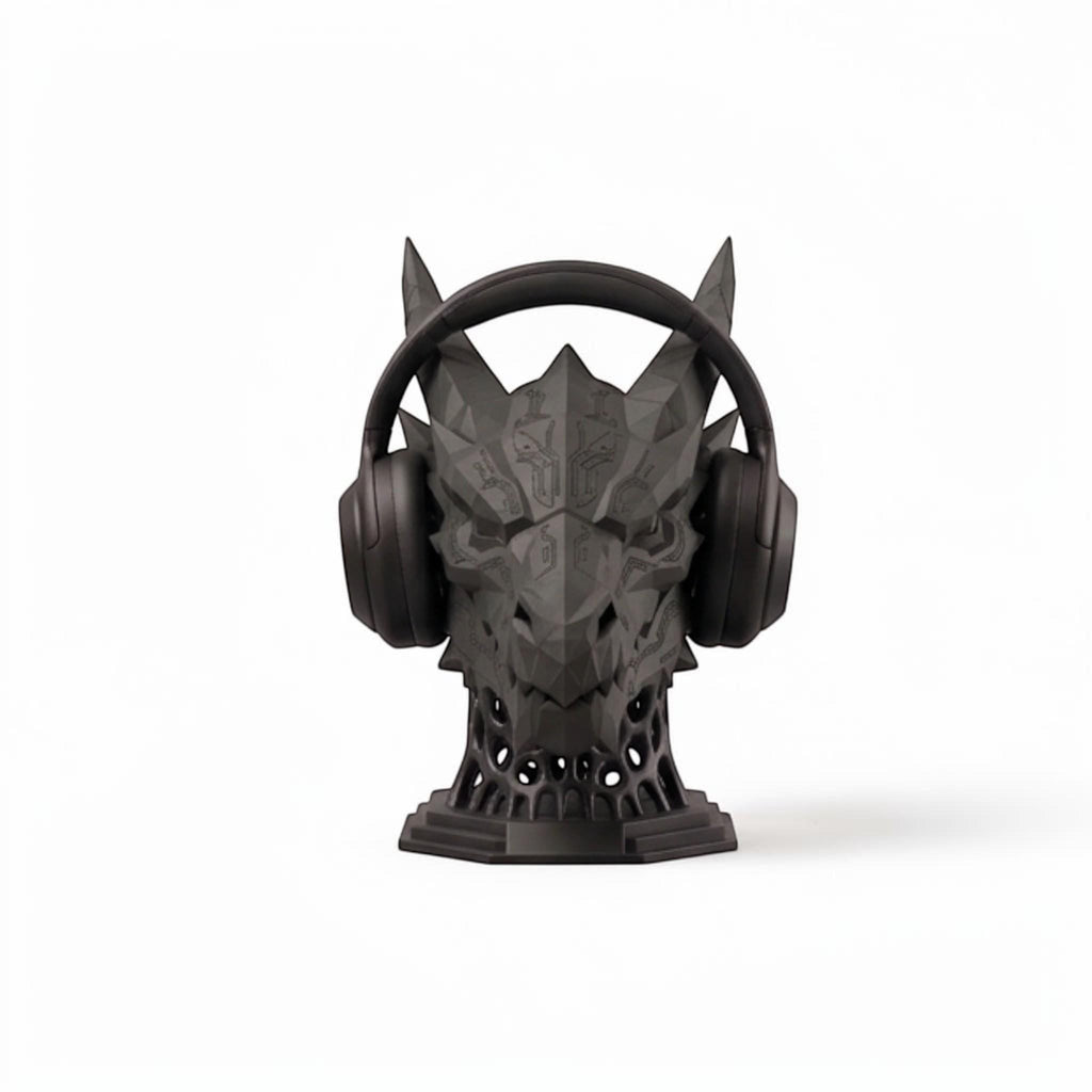 Happy3dWorld matte black 3D printed dragon headset stand with geometric low-poly design for gaming desk organization.