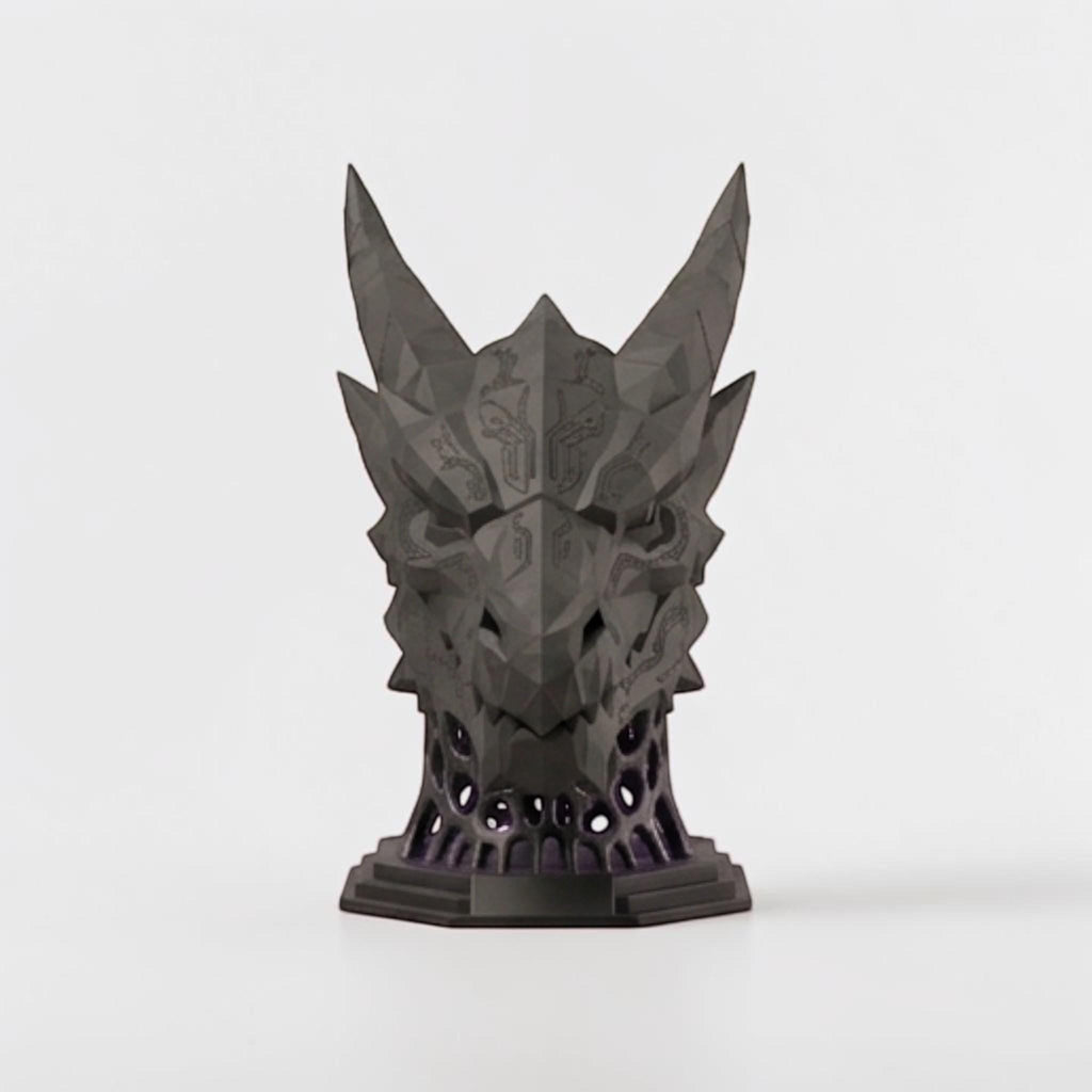 Happy3dWorld matte black 3D printed dragon headset stand with geometric low-poly design for gaming desk setups.