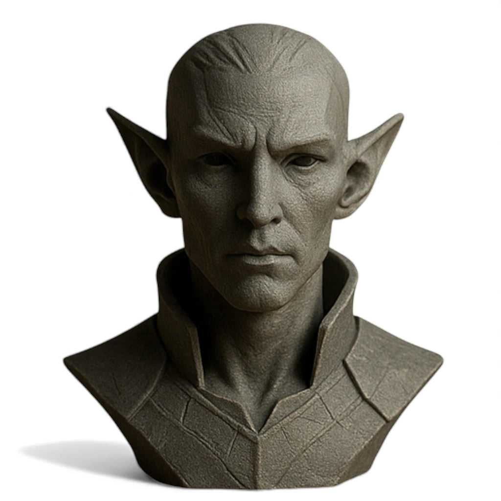 Happy3dWorld 3D printed elf bust headset stand with a matte grey stone-like texture for gaming setups.