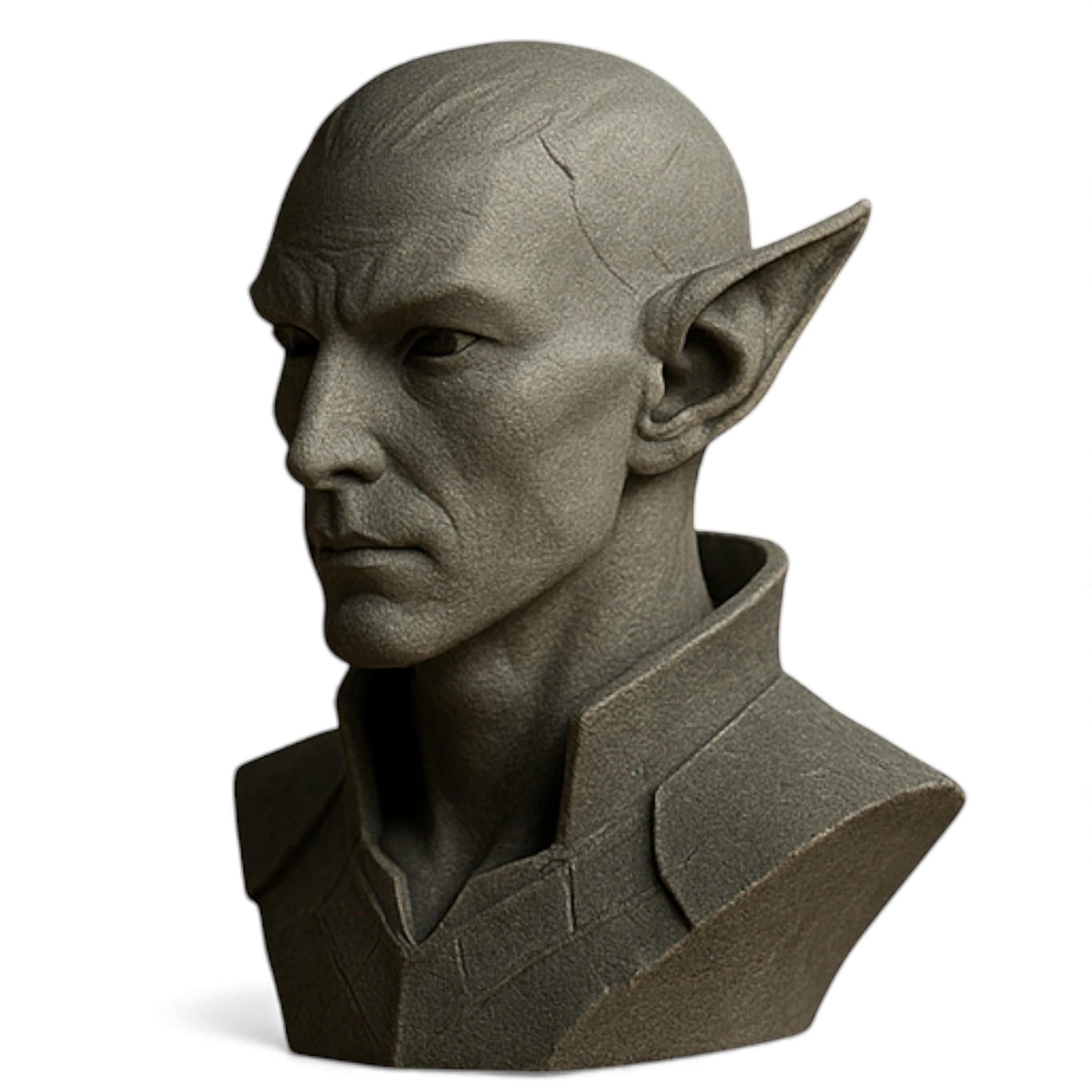 Happy3dWorld 3D printed elf bust headset stand with a matte grey stone-like texture for gaming setups.