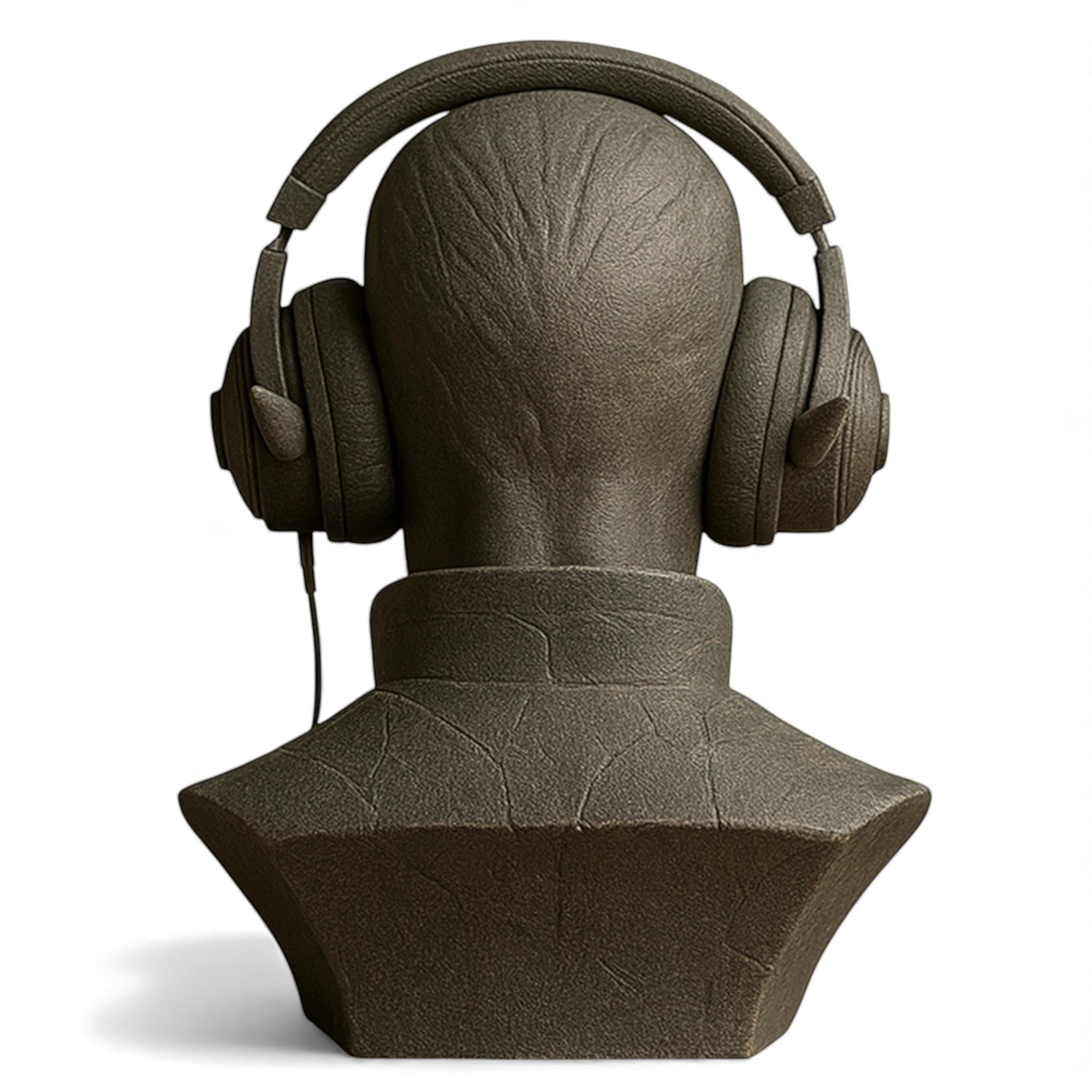 Happy3dWorld 3D printed elf bust headset stand in matte grey stone texture holding over-ear gaming headphones