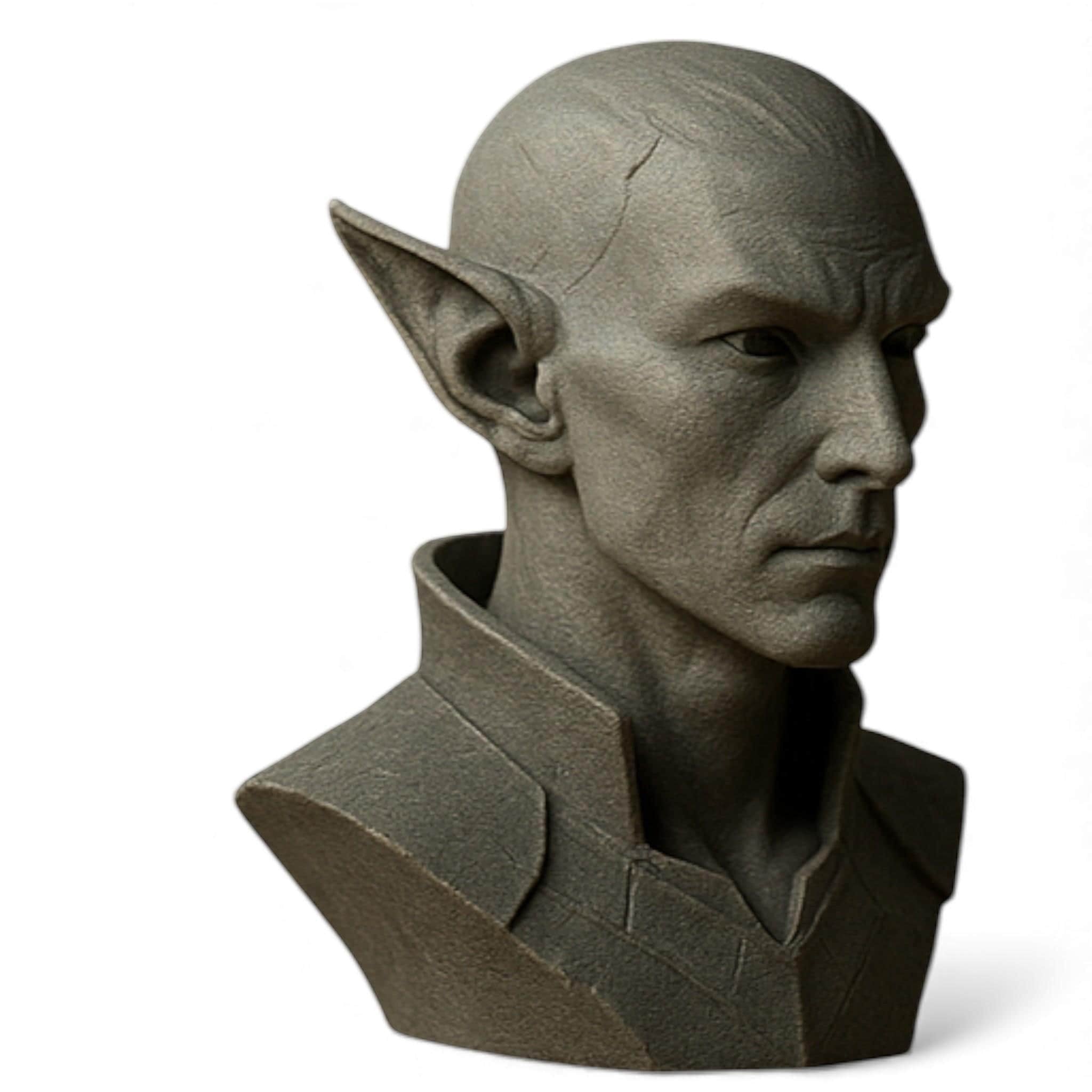 Happy3dWorld 3D printed elf bust headset stand with a matte grey stone texture for gaming setups