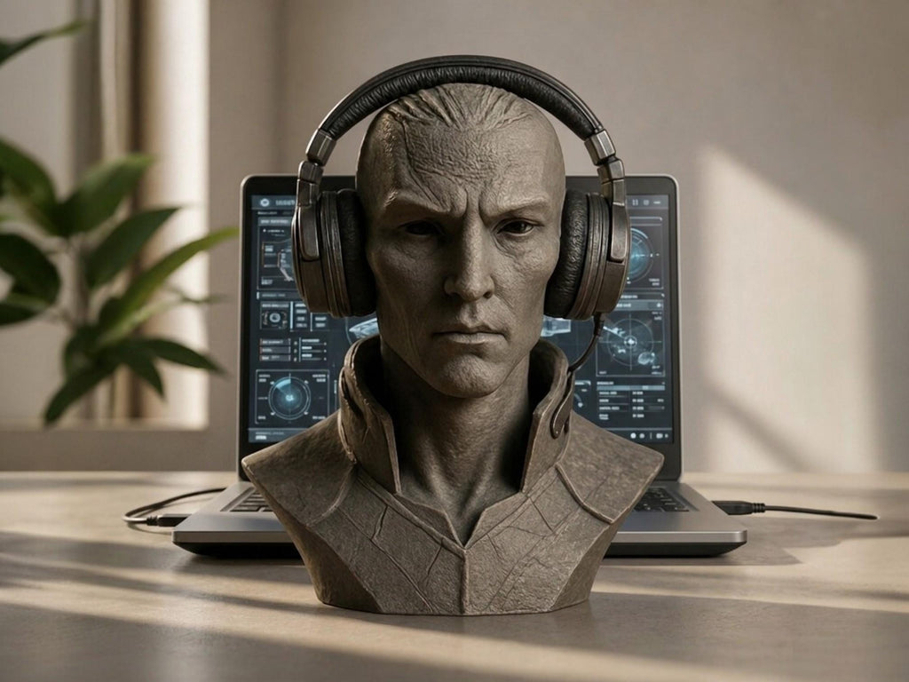 Happy3dWorld 3D printed elf bust headset stand with a stone-like matte finish holding gaming headphones on a desk.