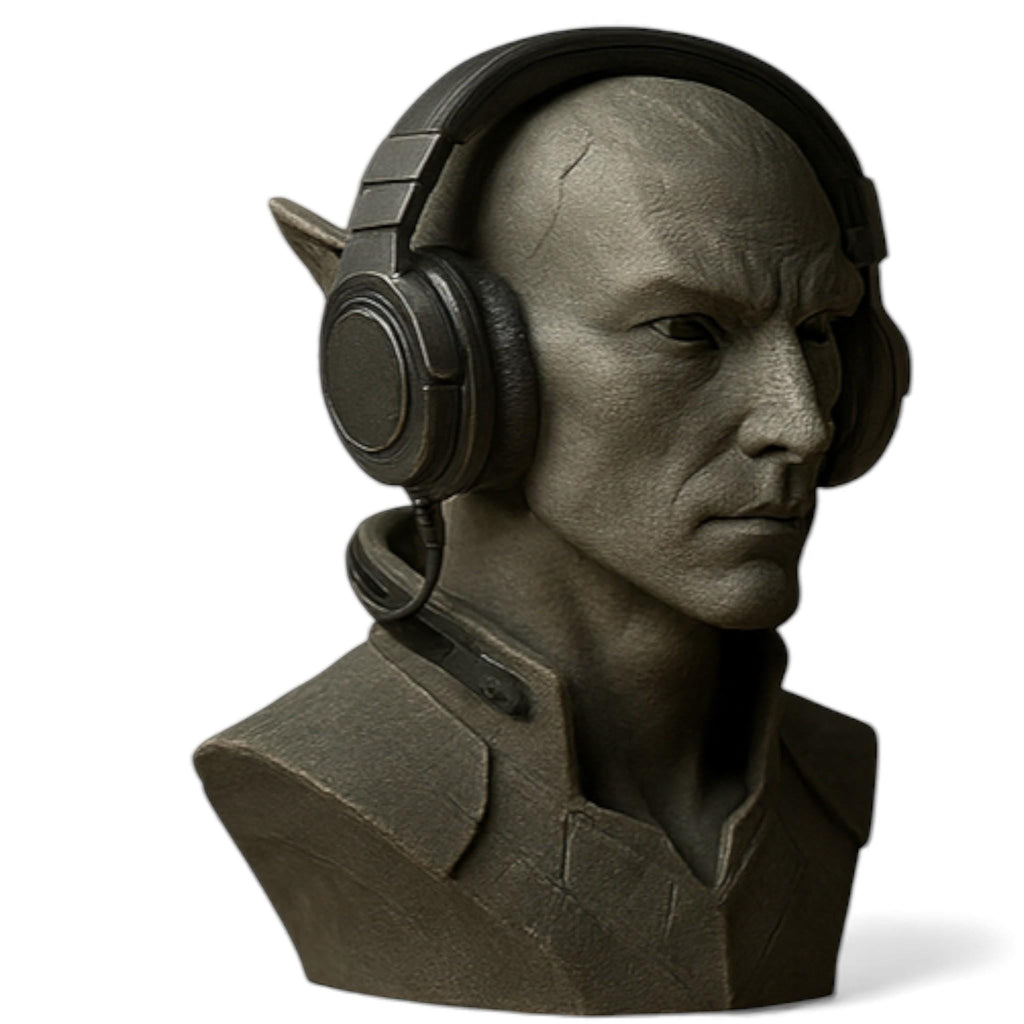Happy3dWorld 3D printed elf bust headset stand in grey matte stone finish for gaming headphones
