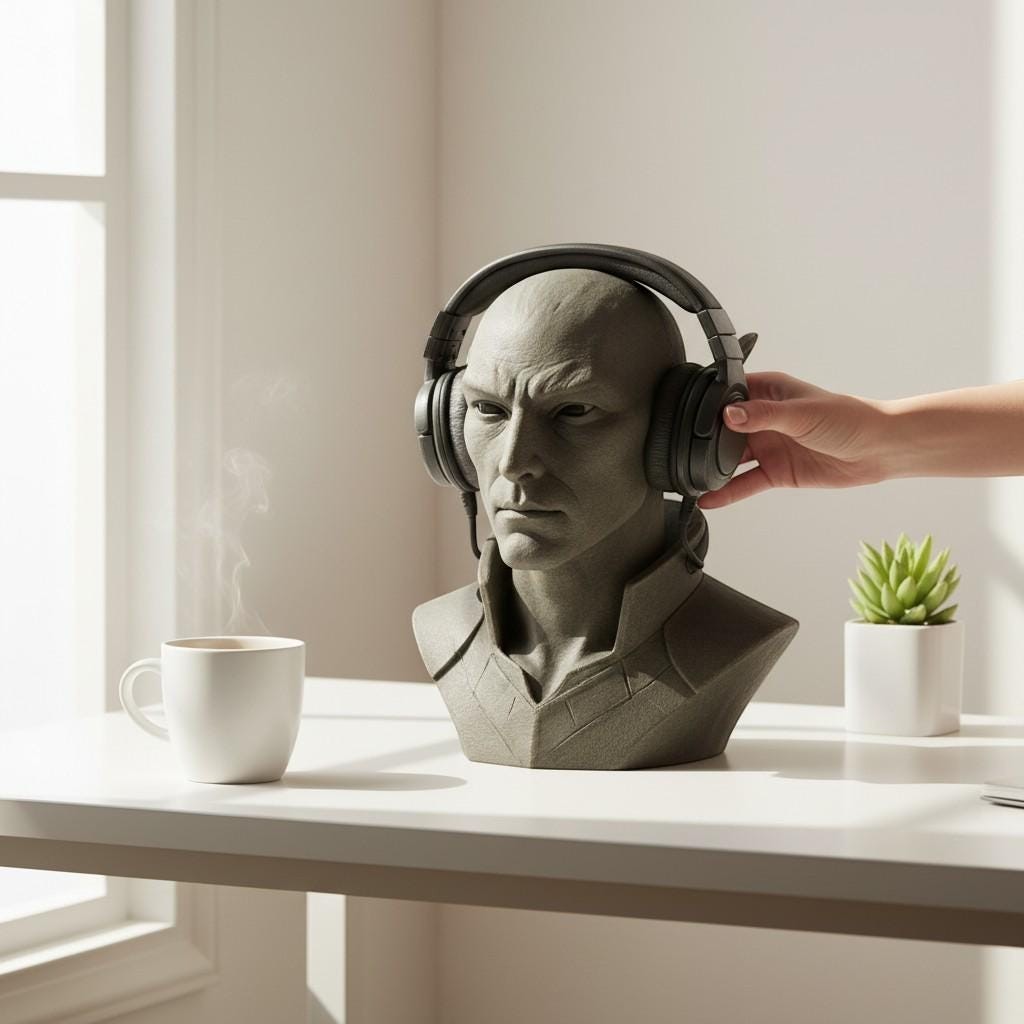 Happy3dWorld 3D printed elf bust headset stand in matte grey stone finish holding gaming headphones on a desk