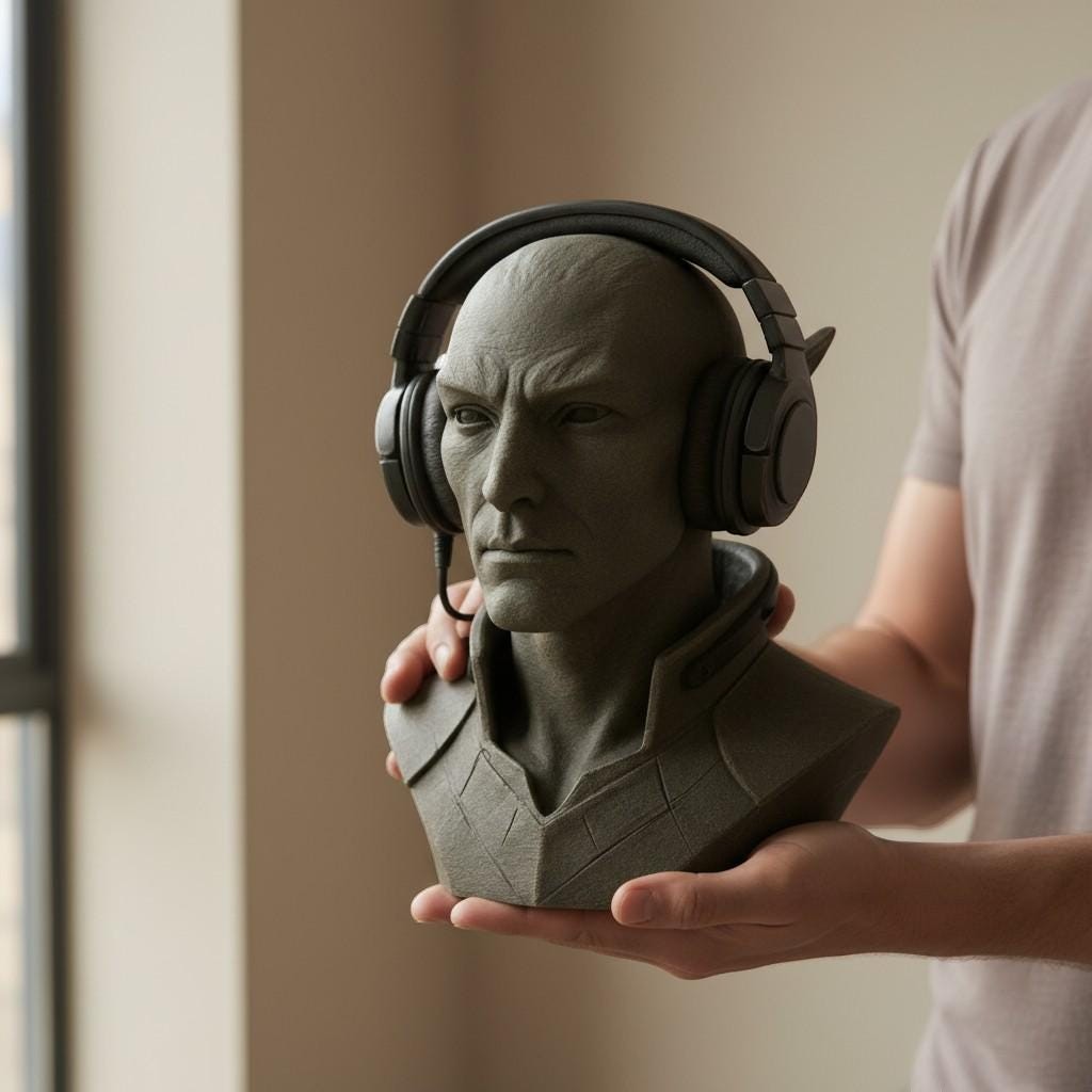 Happy3dWorld 3D printed elf bust headset stand in matte grey stone finish holding black gaming headphones