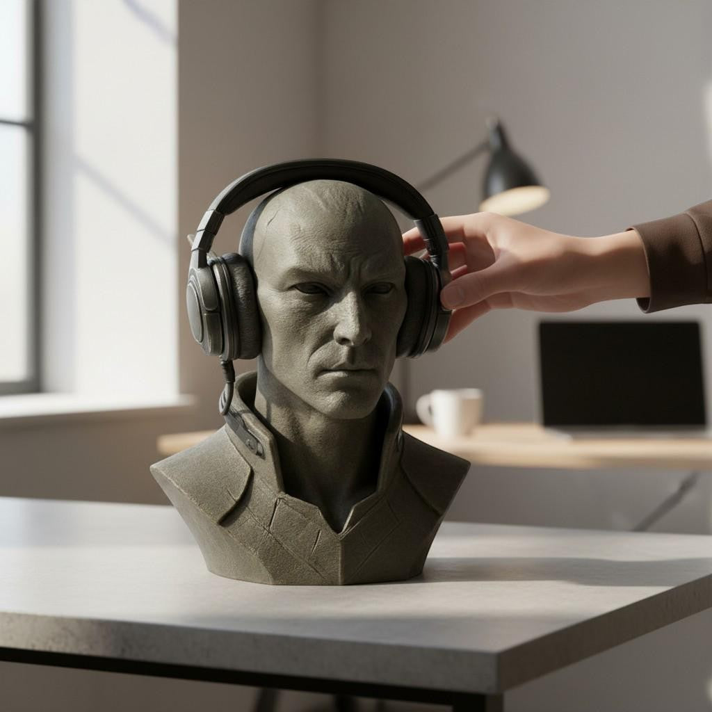 Happy3dWorld 3D printed elf bust headset stand with a matte stone texture holding black gaming headphones on a desk.