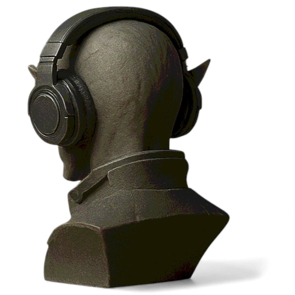 Happy3dWorld 3D printed elf bust headset stand with a matte stone finish holding black gaming headphones