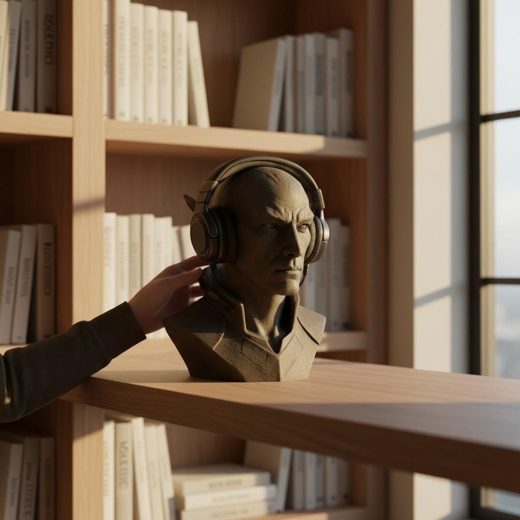 Happy3dWorld 3D printed elf bust headset stand with a stone-like matte finish on a wooden bookshelf.