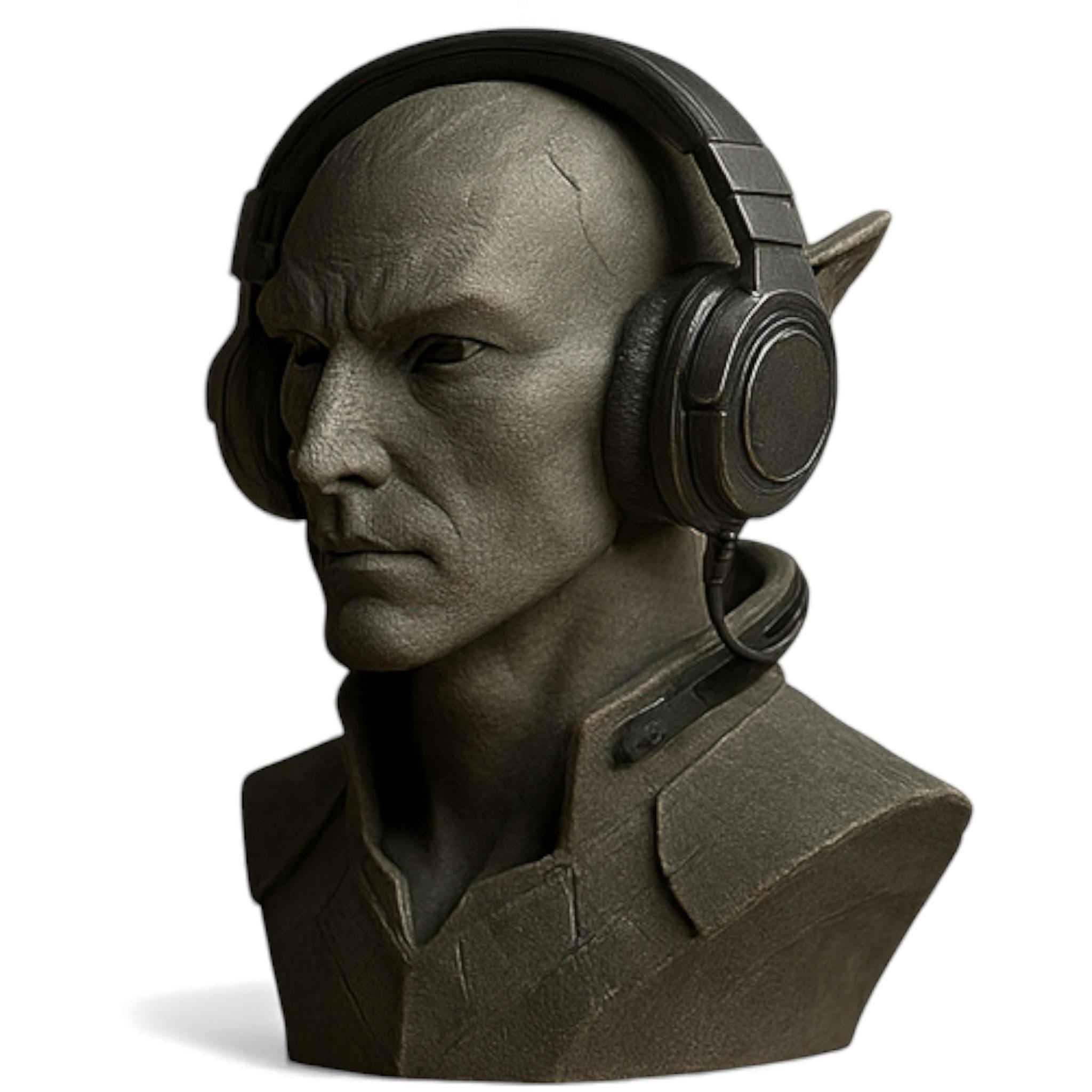 Happy3dWorld 3D printed elf bust headset stand with a matte stone finish for gaming setups
