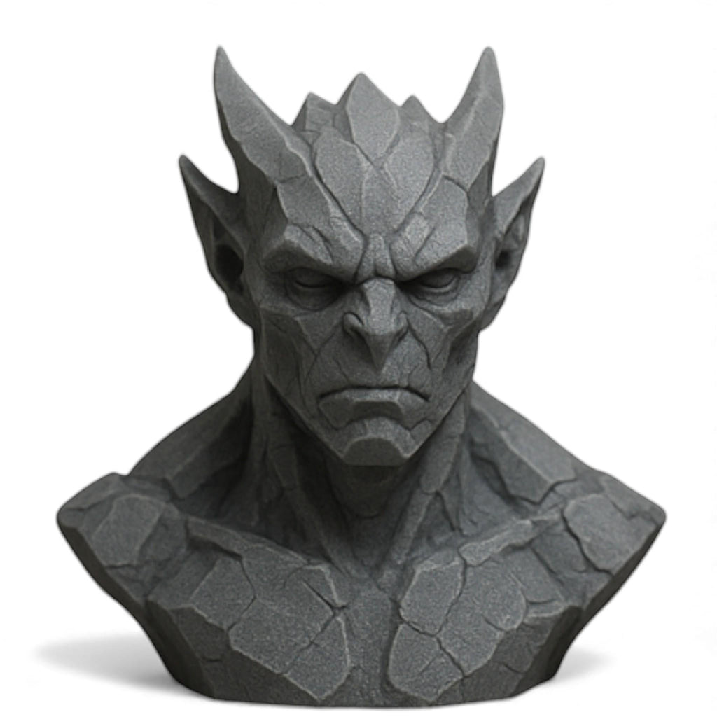 Happy3dWorld gray 3D printed gargoyle headphone stand with a detailed stone texture for gothic gaming desk decor.