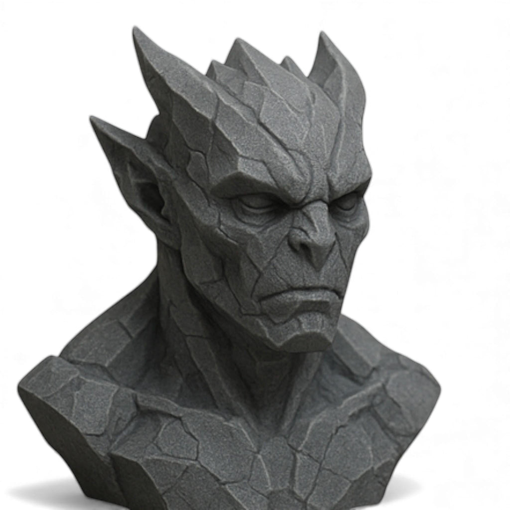 Happy3dWorld gray stone textured gargoyle headphone stand with a gothic sculptural design for gaming desk decor.