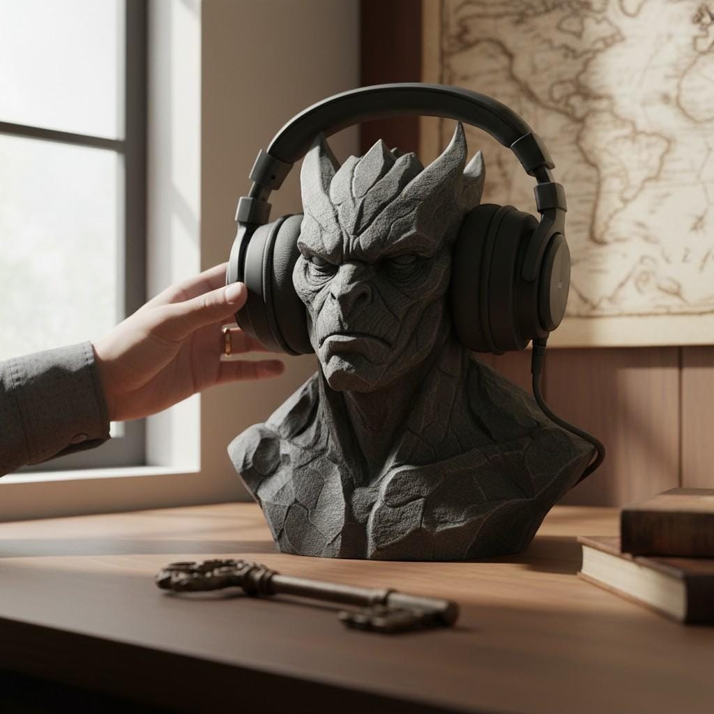Happy3dWorld gray stone-textured 3D printed gargoyle headphone stand on a desk with a gaming headset