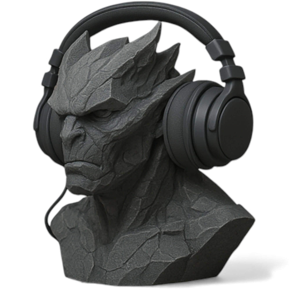 Happy3dWorld gray stone-textured 3D printed gargoyle headphone stand holding black gaming headset on white background