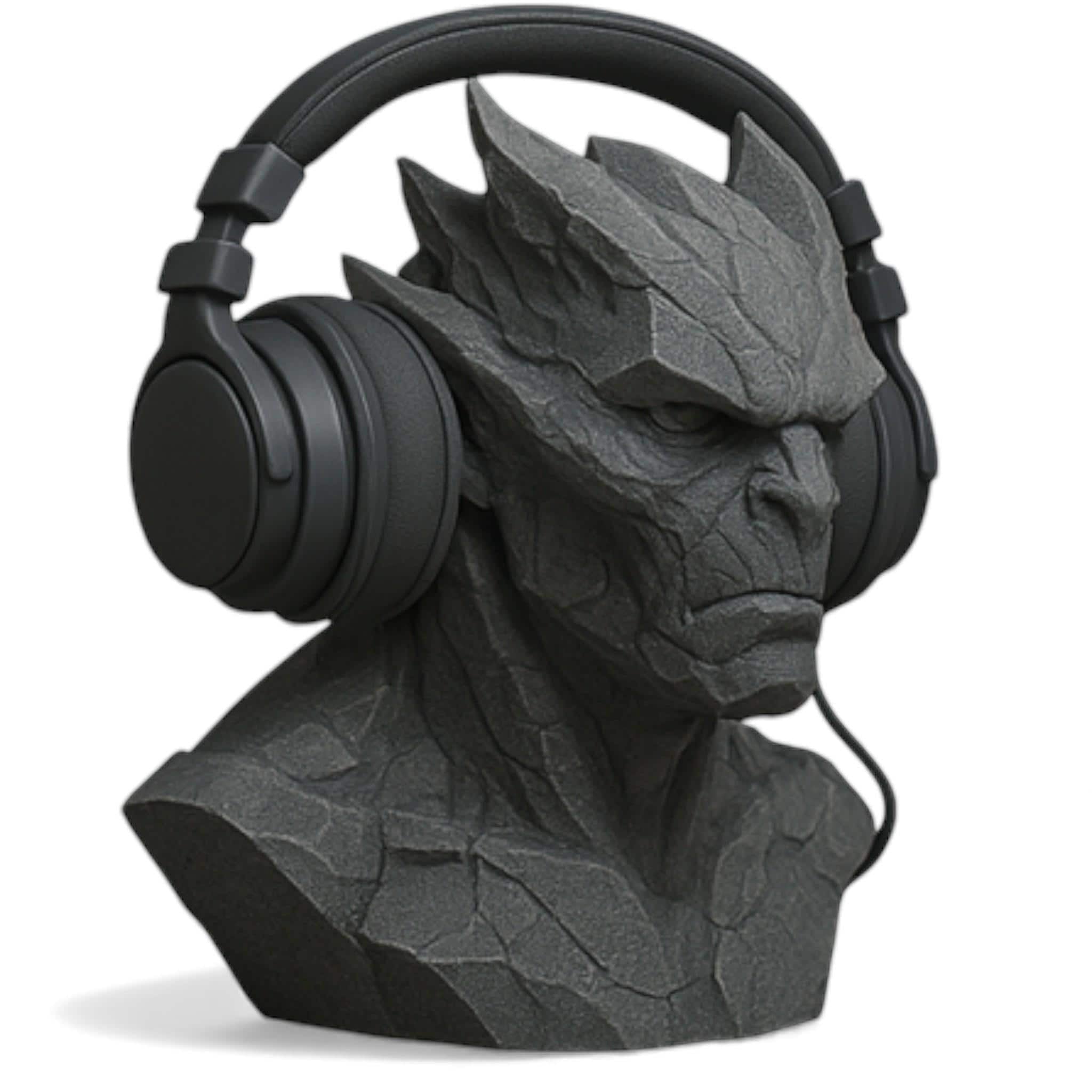 Happy3dWorld gray stone-textured 3D printed gargoyle headphone stand for gaming desks and gothic home decor.