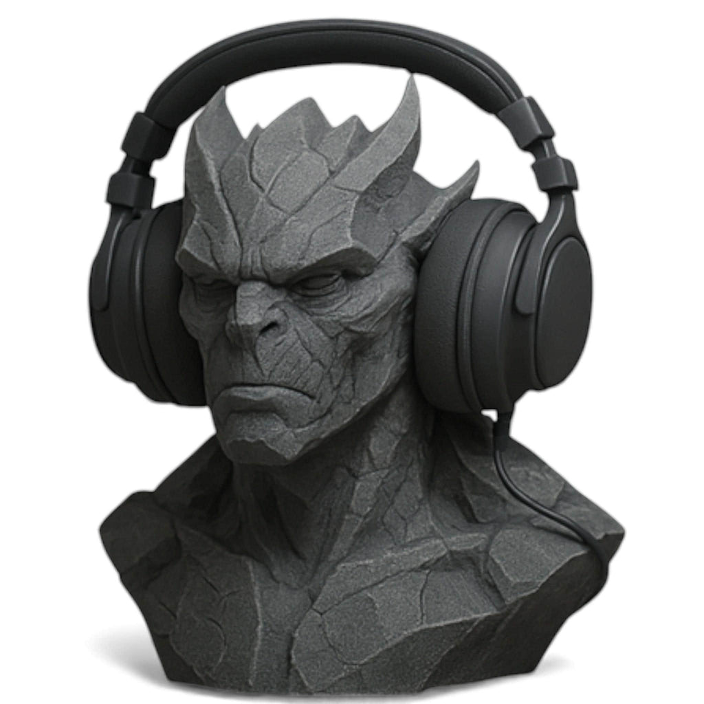 Happy3dWorld 3D printed gray gargoyle headphone stand with a stone texture, perfect for gothic gaming desk decor.