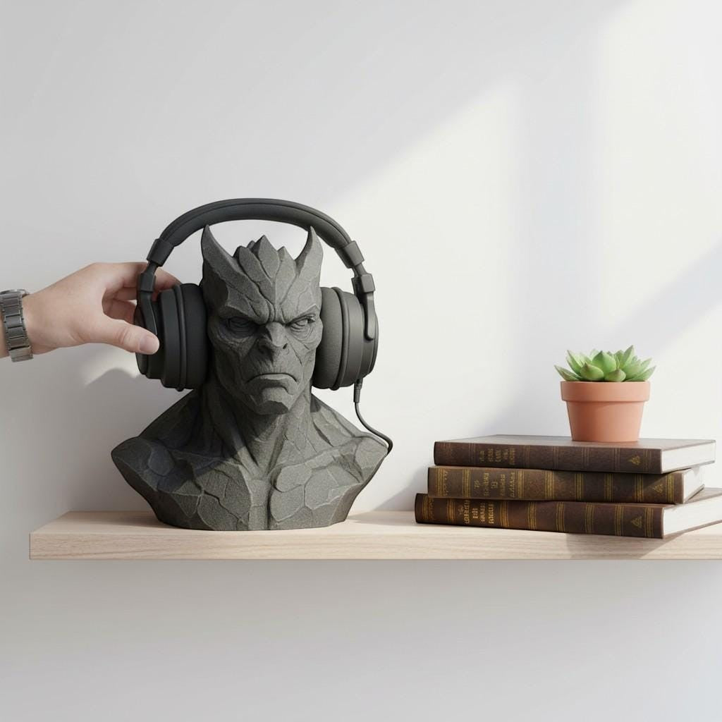 Happy3dWorld gray 3D printed gargoyle headphone stand with stone texture on a wooden shelf with books and a small plant.