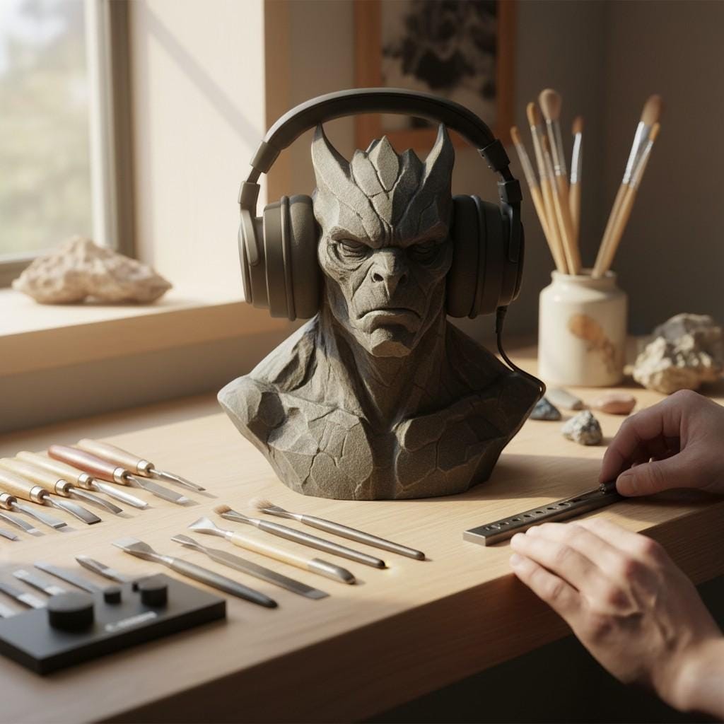 Happy3dWorld gray stone-textured gargoyle headphone stand on a desk with sculpting tools and gaming headset