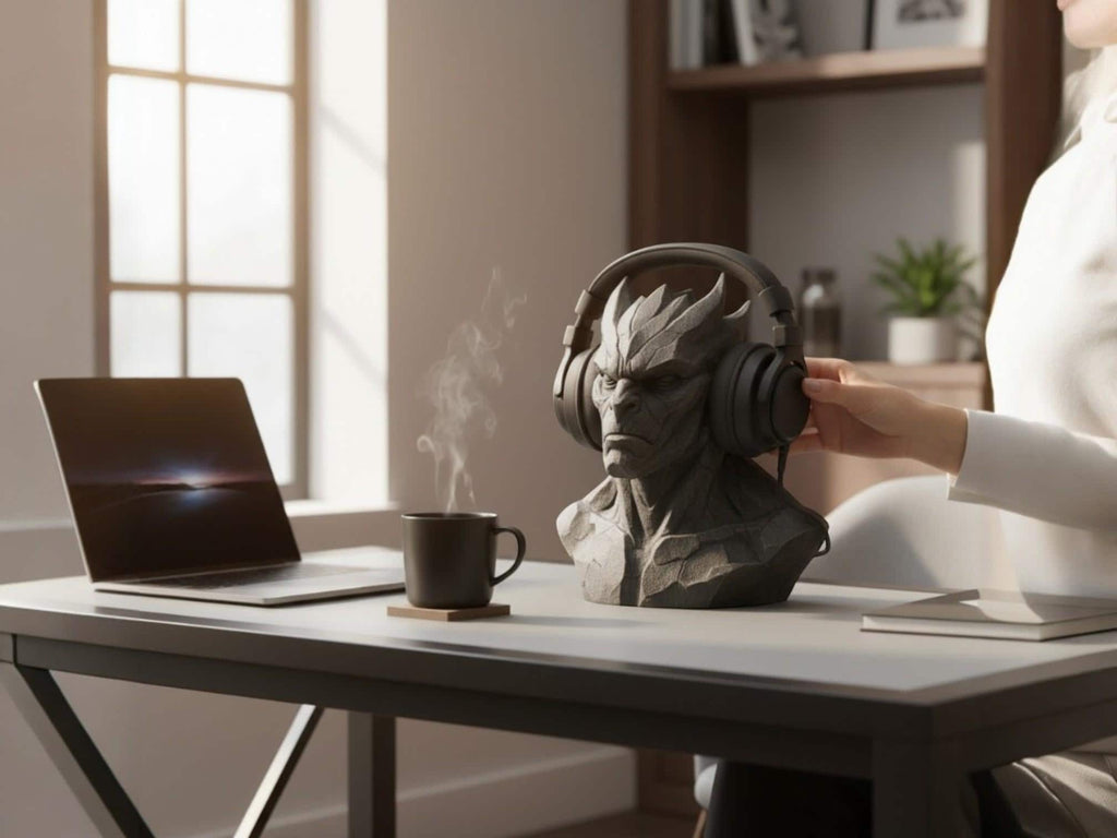 Happy3dWorld gray 3D printed gargoyle headphone stand on a desk with a laptop and coffee, gothic gaming decor.