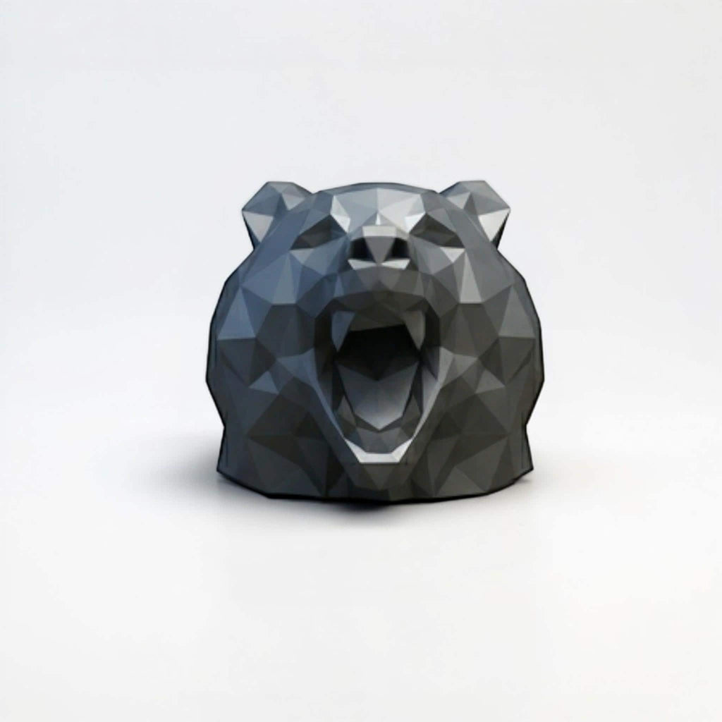 Happy3dWorld low polygon bear head headphone stand in matte black PLA for modern desk decor.