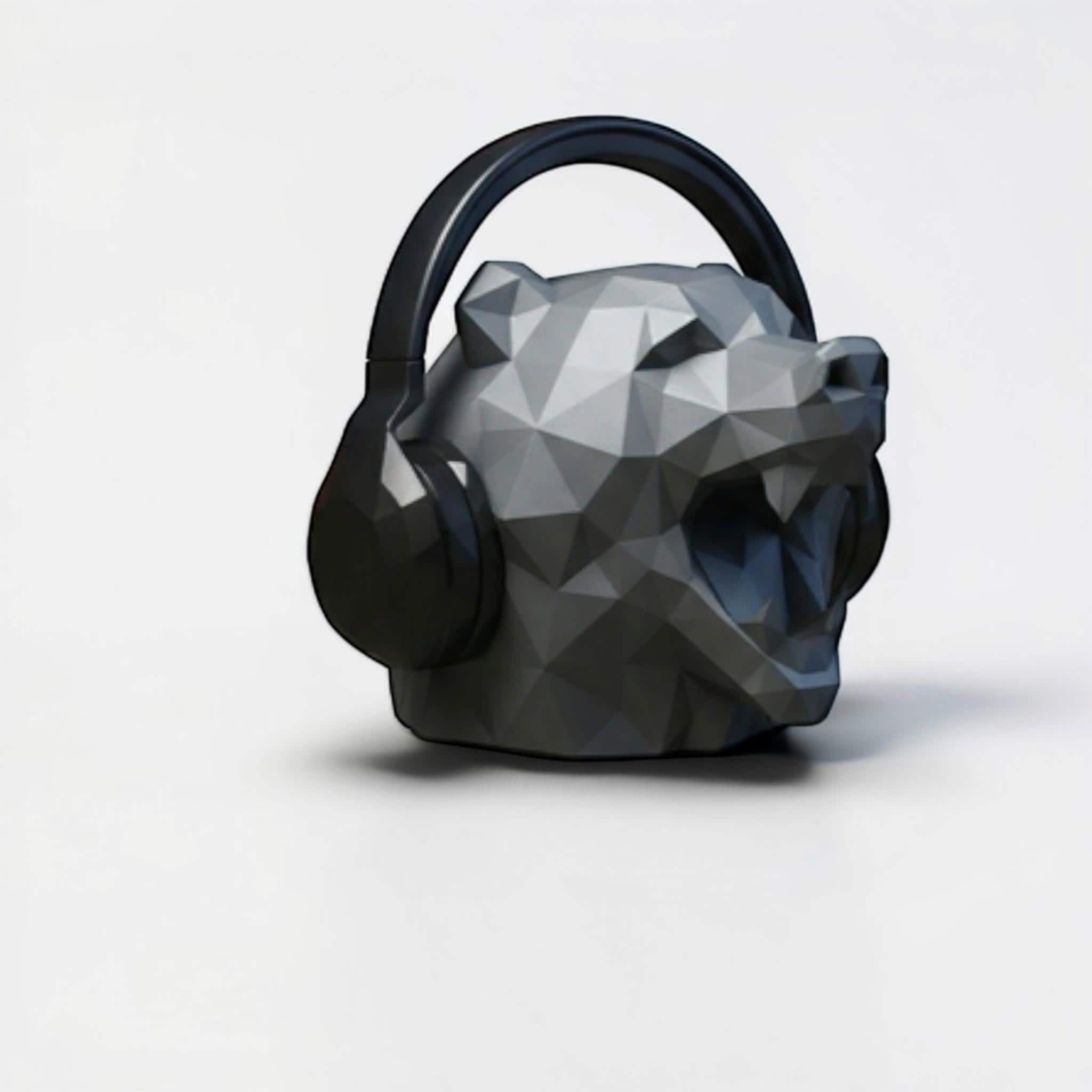 Happy3dWorld low polygon bear head headphone holder in matte grey PLA with geometric design on a white background.