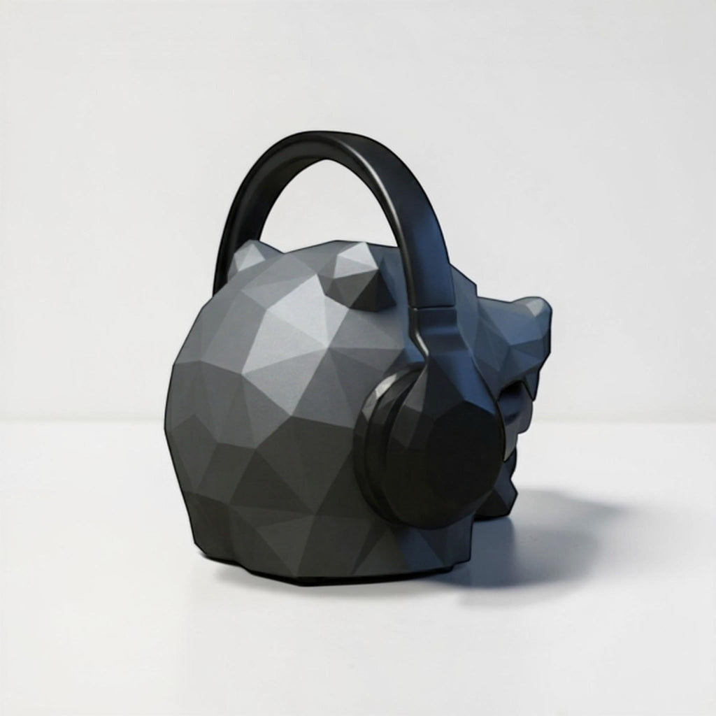 Happy3dWorld low polygon bear headphone stand in matte grey PLA plastic holding black over-ear headphones