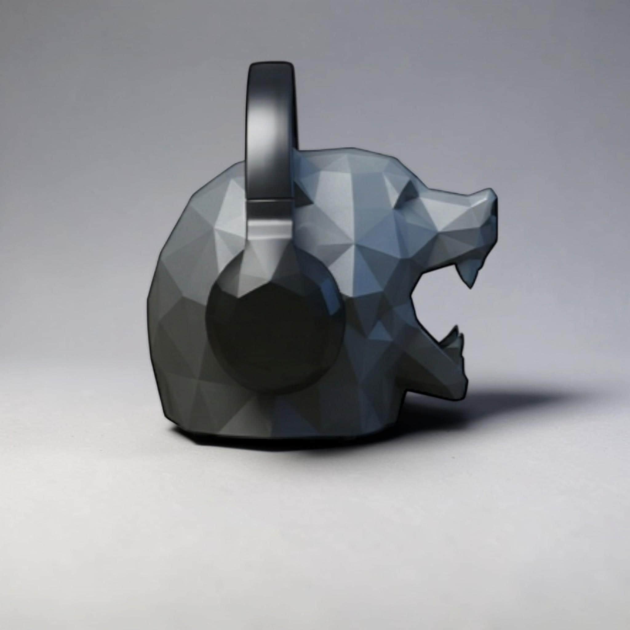 Happy3dWorld low polygon bear head headphone stand in matte grey PLA with geometric design on a neutral background