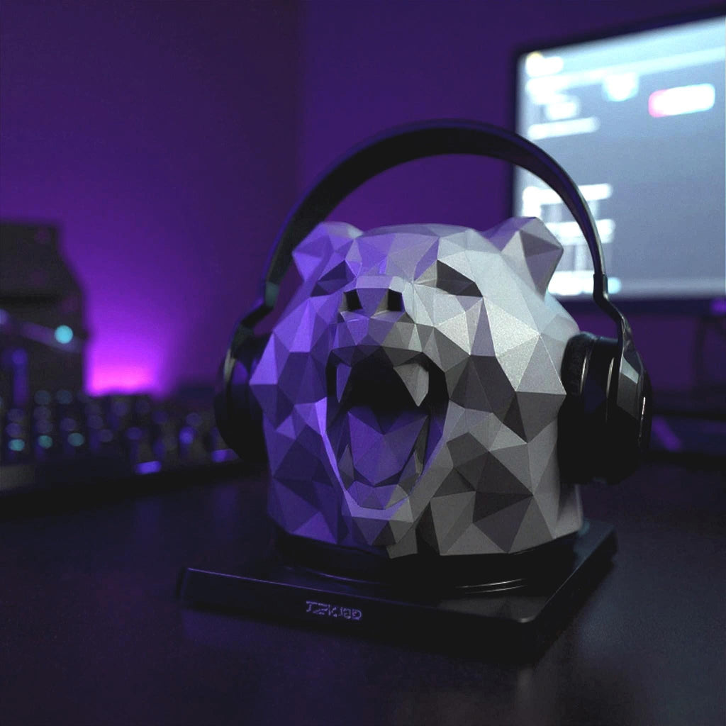 Happy3dWorld low polygon bear headphone stand in matte grey with geometric design on a gaming desk