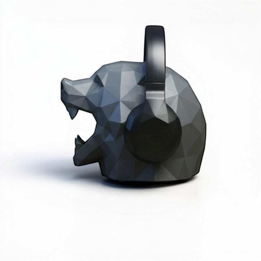 Happy3dWorld low polygon bear headphone stand in matte grey with geometric design holding black headphones