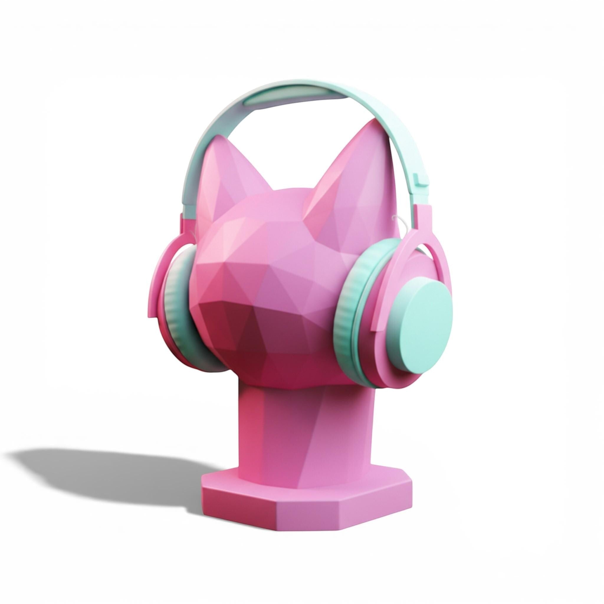 Happy3dWorld pink low-poly geometric cat headphone stand holding pastel mint and pink over-ear gaming headset