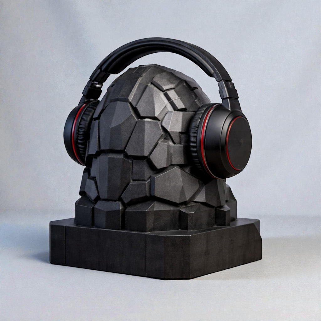 Happy3dWorld black geometric gorilla bust headphone stand holding black over-ear gaming headphones on a desk