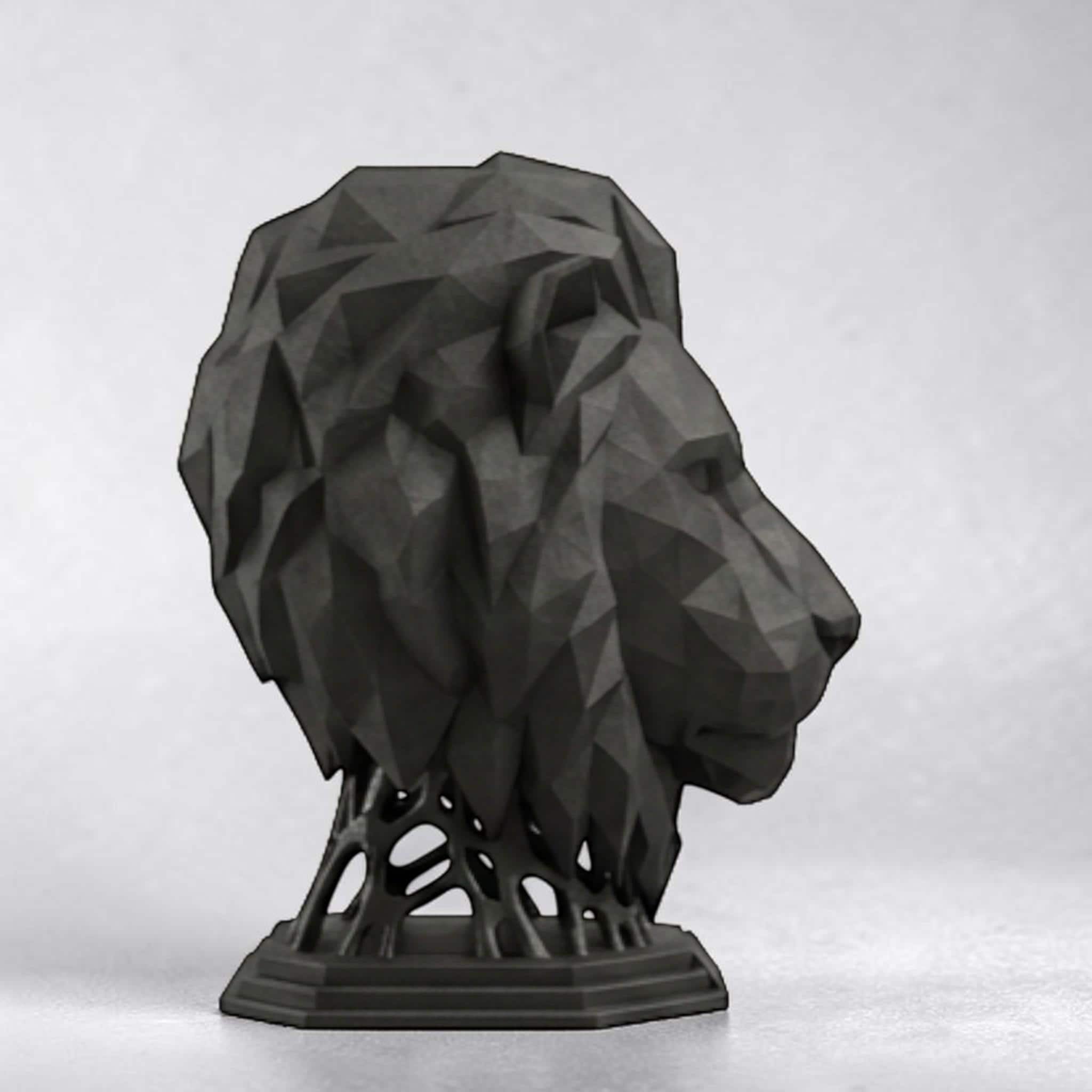 Happy3dWorld matte black geometric lion head headphone stand made of 3D printed PLA for minimalist desk organization.