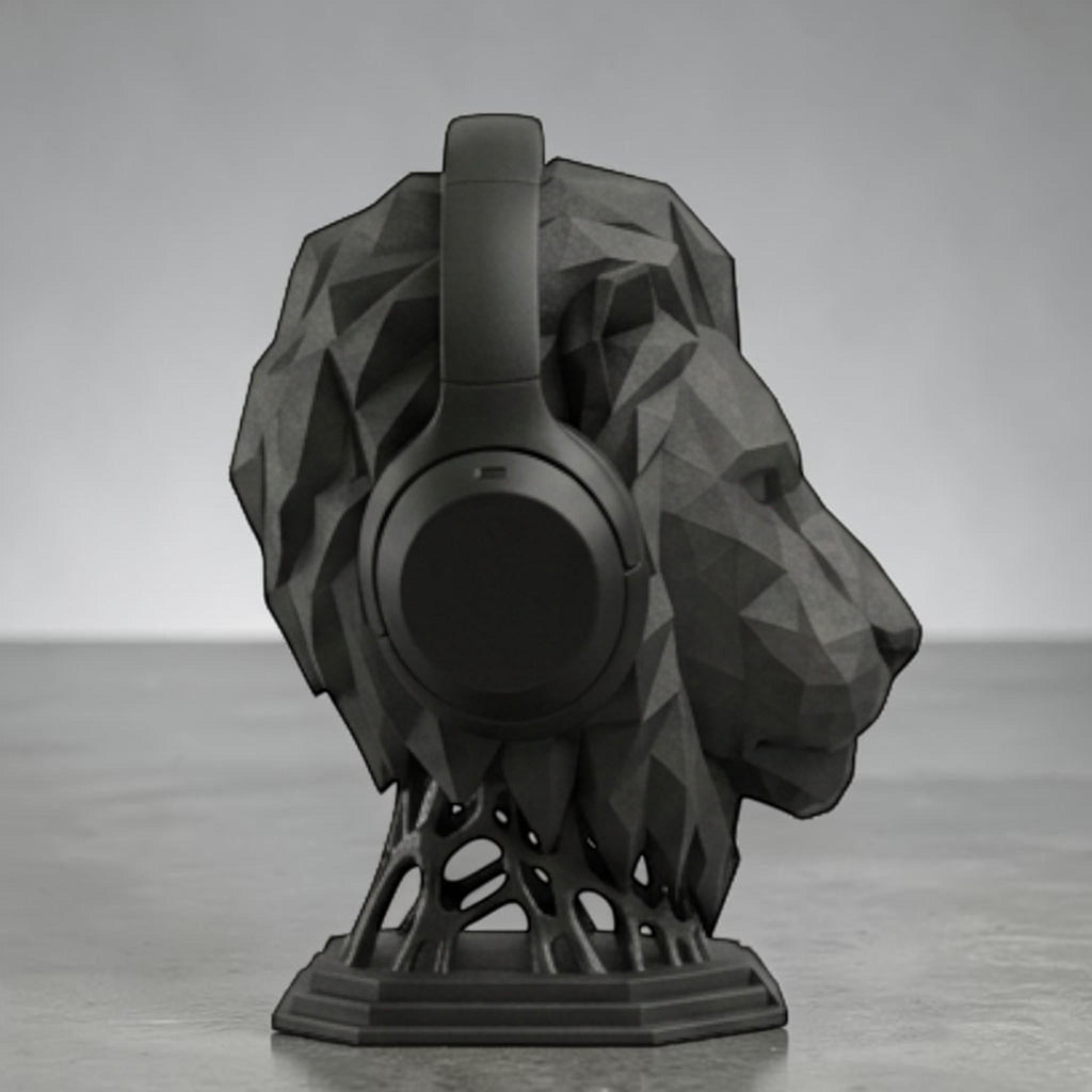Happy3dWorld matte black geometric lion head headphone stand made of 3D printed PLA for minimalist desk organization.