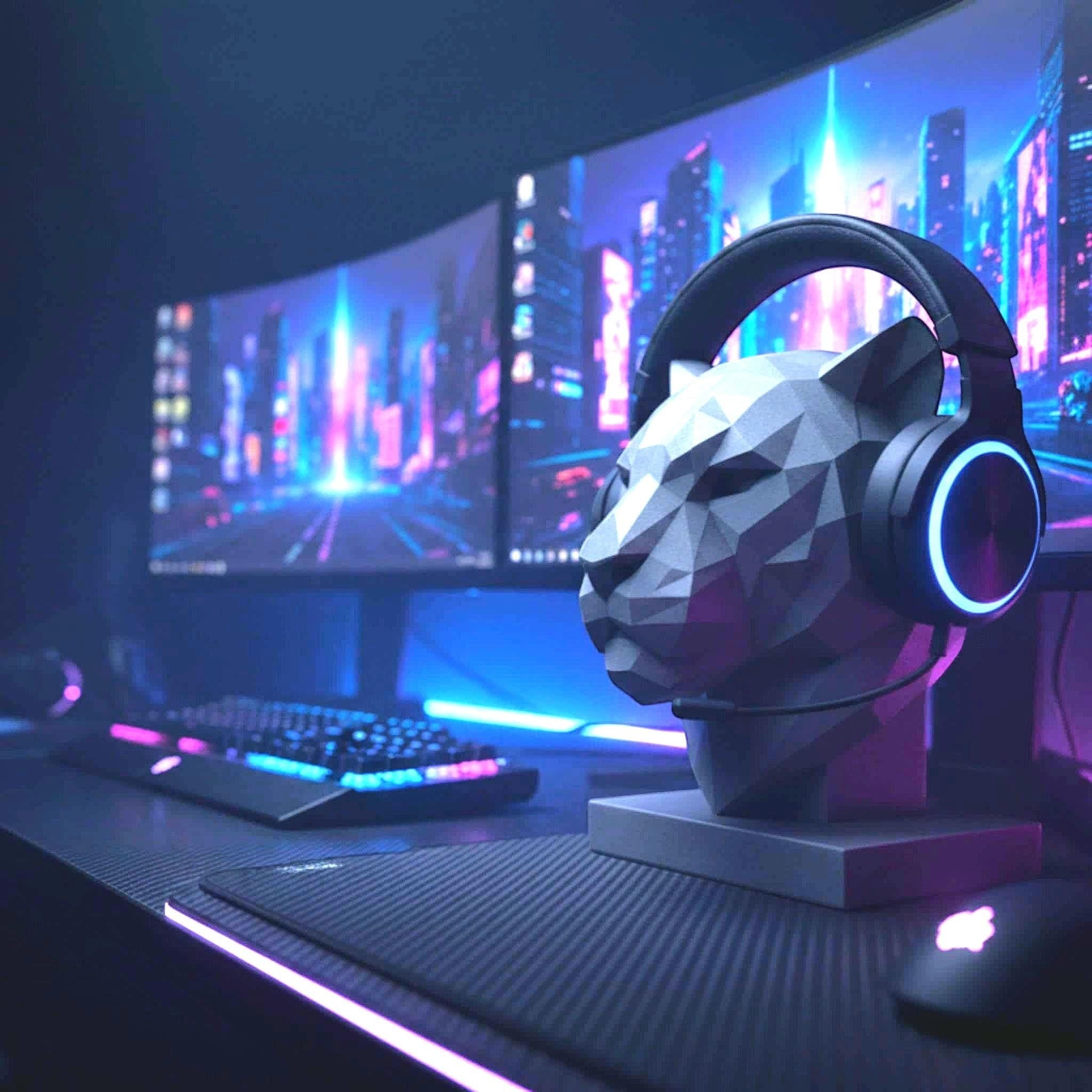 Tiger Headphone Stand – 3D Printed Low-Poly Geometric Animal Gaming Desk Decor