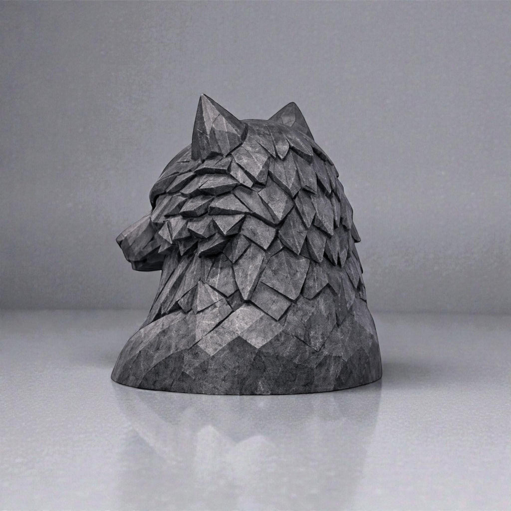 Happy3dWorld geometric wolf headphone stand in dark grey, featuring a 3D printed polygonal bust design for gaming desks.