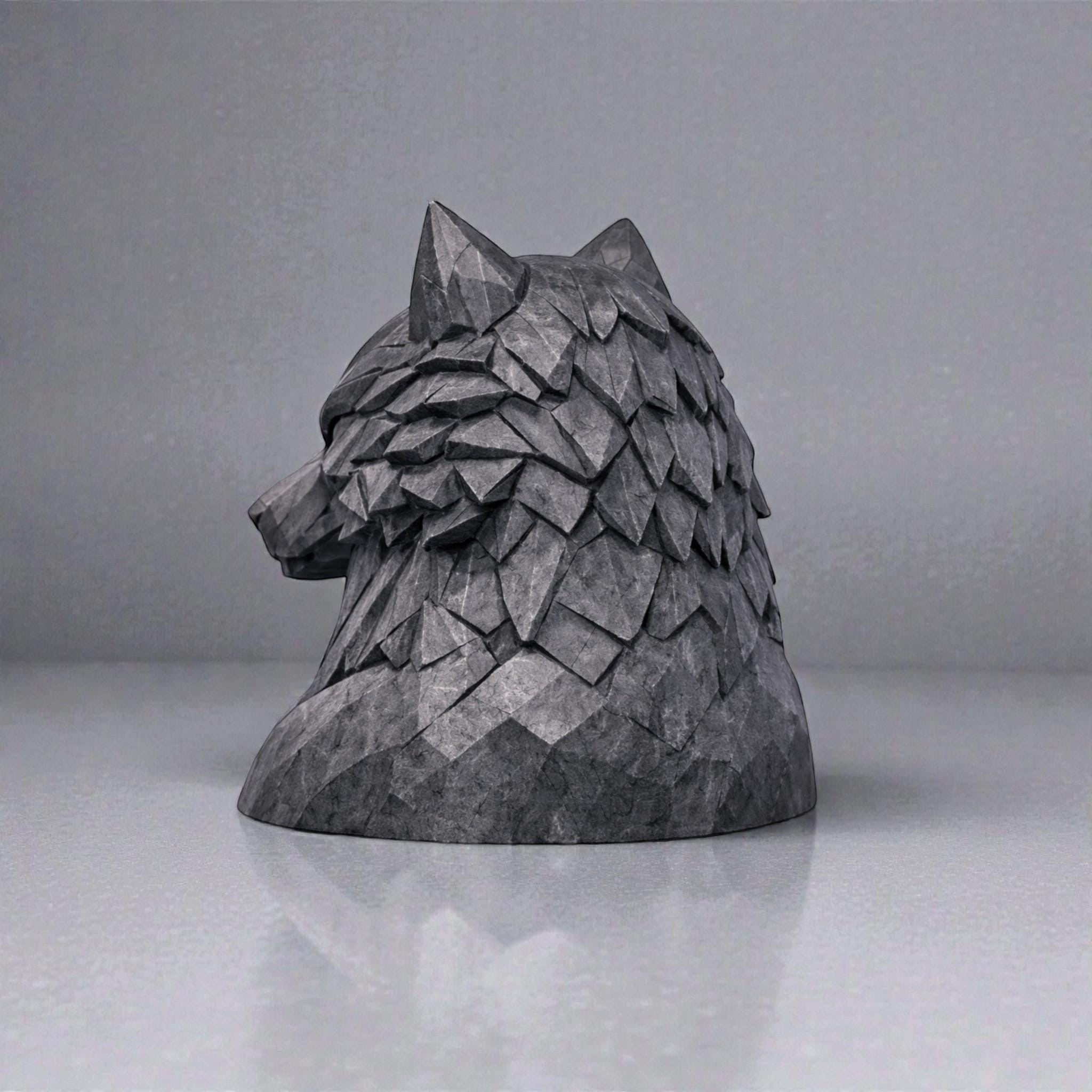 Happy3dWorld geometric wolf headphone stand in dark grey, featuring a 3D printed polygonal bust design for gaming desks.