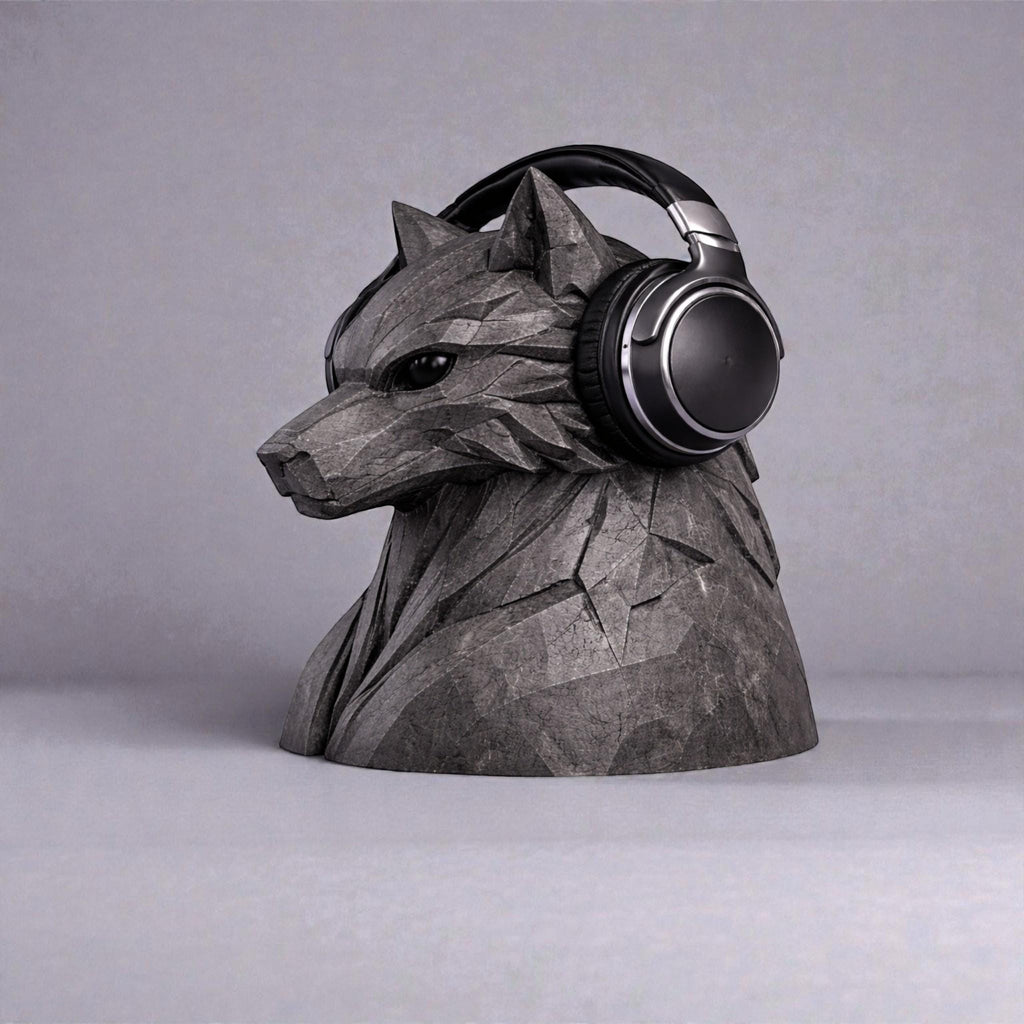 Happy3dWorld geometric wolf headphone stand in dark grey PLA, featuring a polygonal design for gaming desk storage.