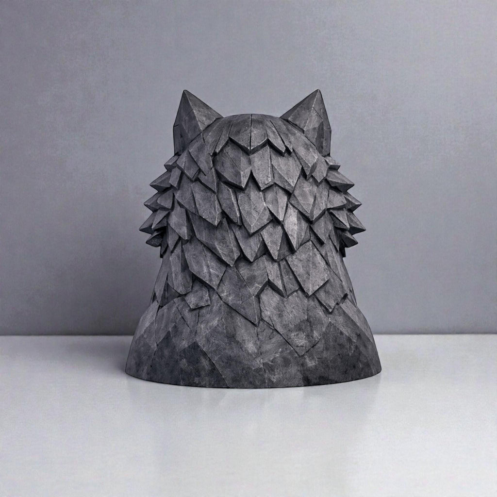 Happy3dWorld geometric wolf headphone stand in dark grey, 3D printed polygonal headset holder for gaming desks